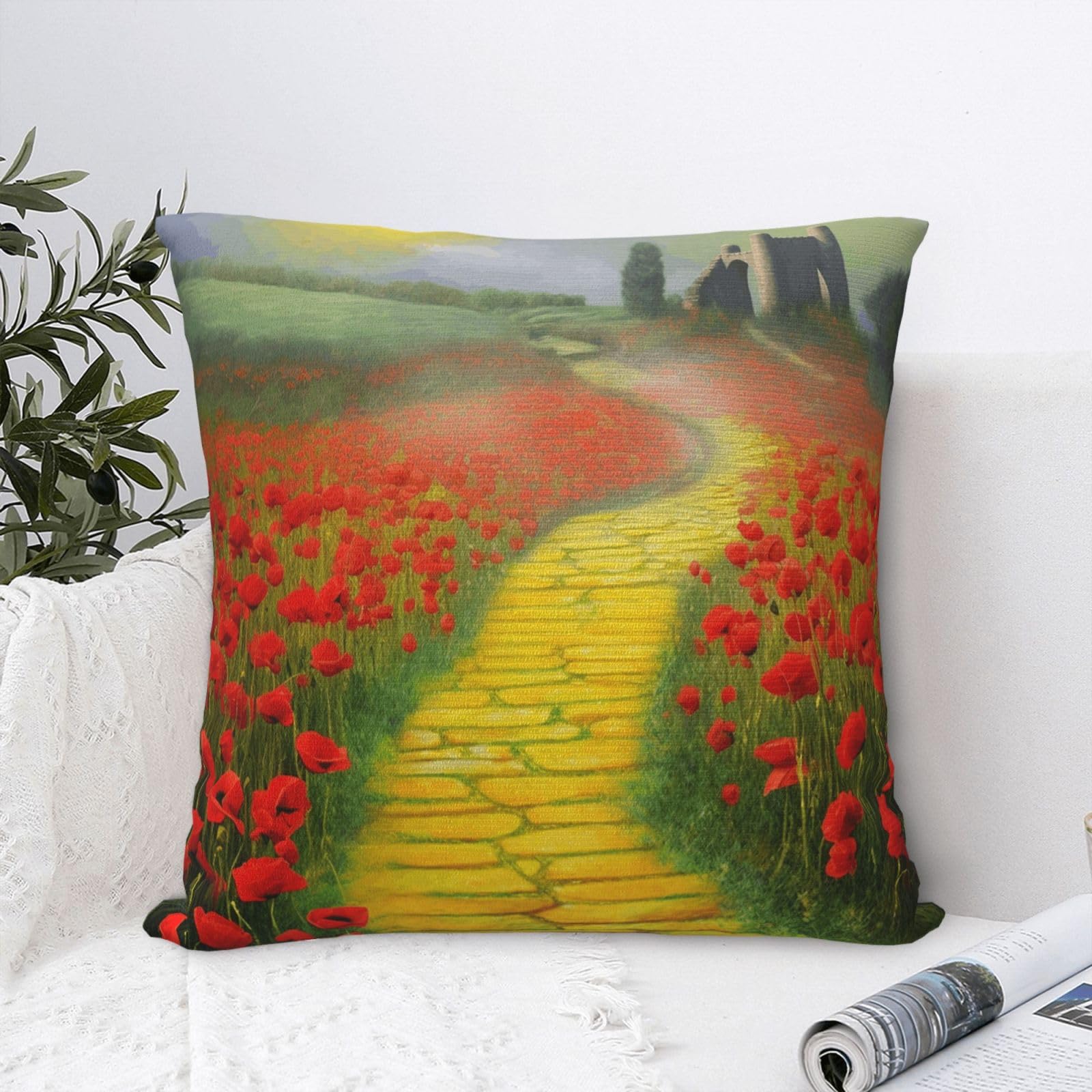 FodPand Luxury Velvet Throw Pillow Covers 24"x24" Super Soft Decorative Pillow Cases - Poppies Field Yellow Brick Road Pillowcases Modern Lumbar Cushion Cases for Couch Sofa Bed Pillow Shams