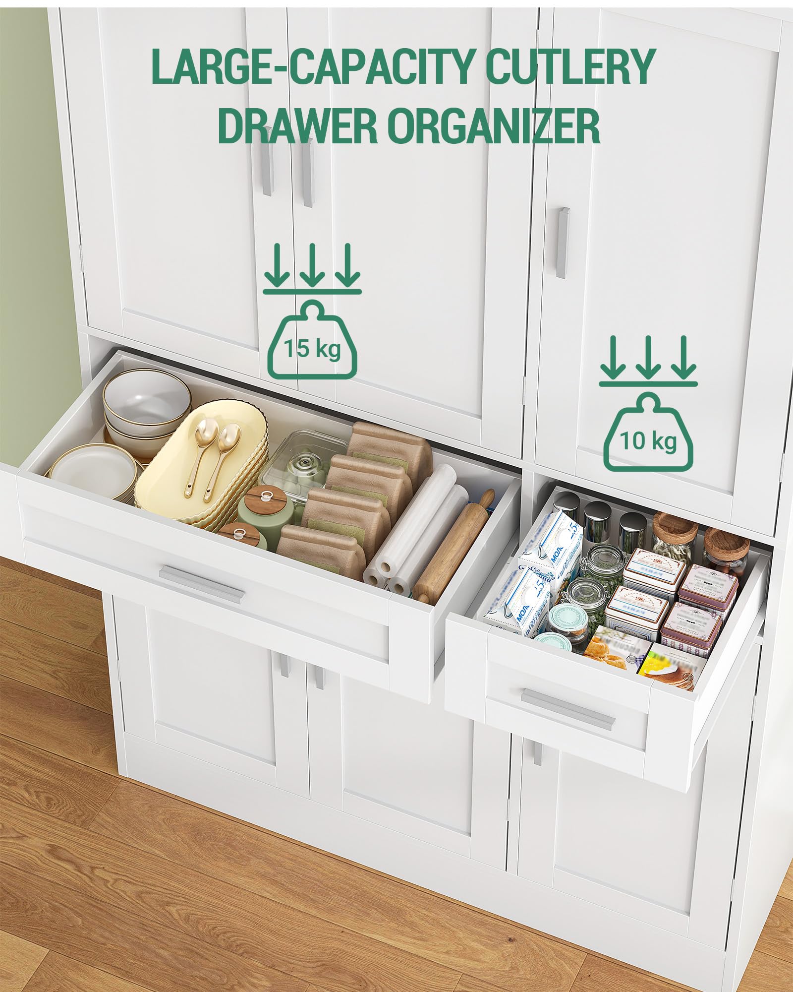 Hzuaneri Buffetschrank, Küchenschrank mit 9-stufigem Türrückseiten-Regalsystem, Sideboard mit 6 Türen und 2 Großer Schublade, Modern Stil, Küche, Wohnzimmer, 40 x 92 x 180 cm, Weiß PT30003X