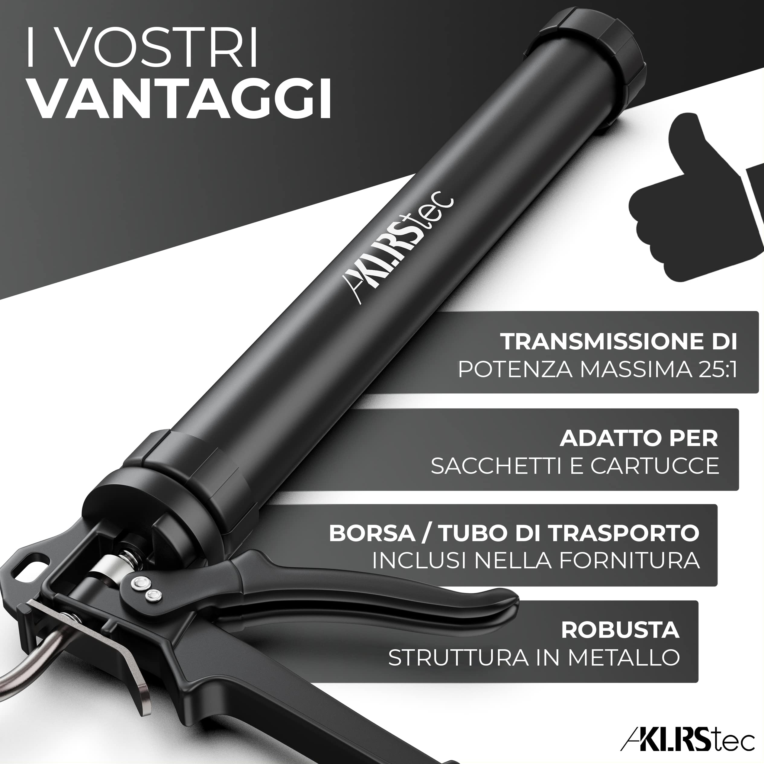 KLRStec® PRO XL 600ml Pistola a cartuccia in metallo - Pistola chiusura a sacchetto professionale 4K per cartucce 310-600ml di sigillante e adesivo (silicone, acrilico, argilla ecc.) con accessori