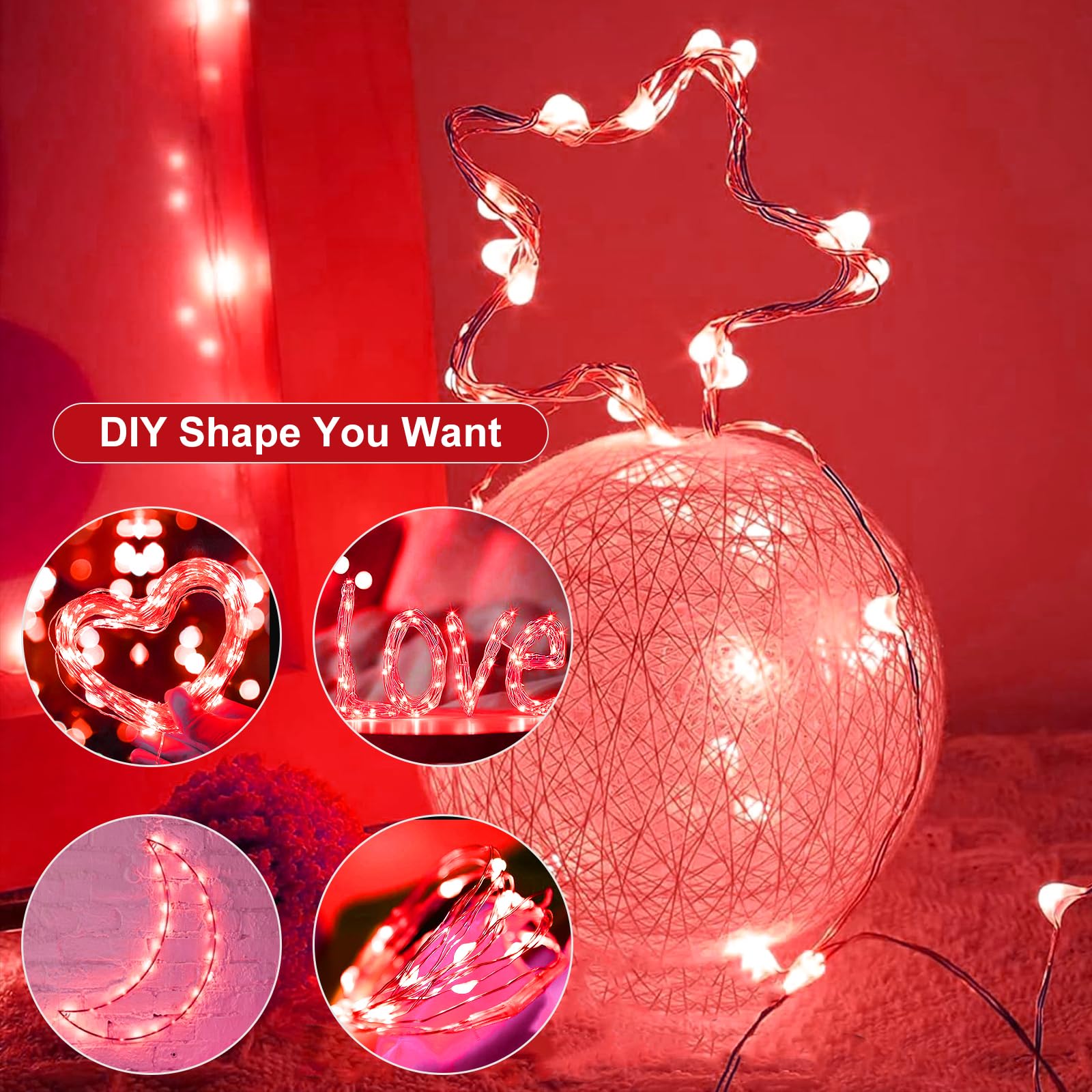 Guirnalda de luces de alambre plateado impermeable, funciona con pilas, 20 luces LED de luciérnaga y luna estrellada para bricolaje, Navidad, boda, fiesta, decoración de dormitorio (rojo
