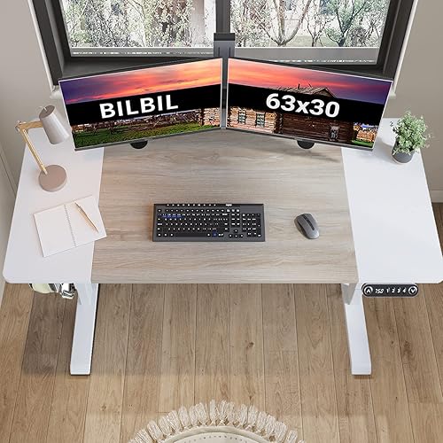 Miniatura 2 de BilBil - Escritorio eléctrico de pie de 63 x 30 pulgadas, mesa de pie ajustable con tablero de empalme, escritorio de oficina en casa, marco Roble