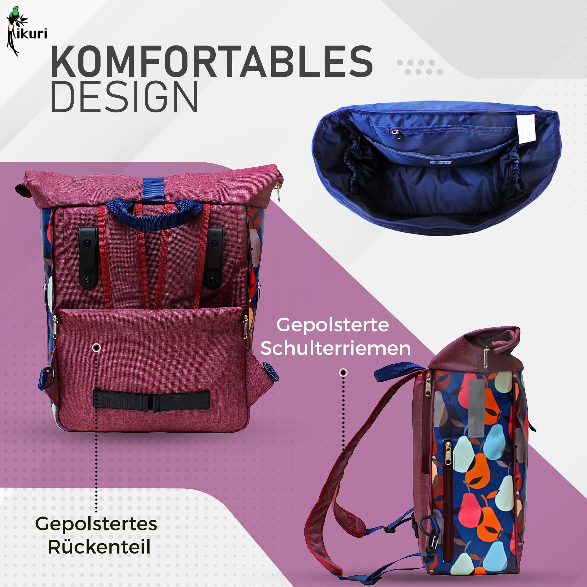 Ikuri Kombi – Sacoche Vélo Et Sac à Dos 2 En 1, Toile Cirée Imperméable, Klickfix, Design Lunares Rouge, 15-21L
