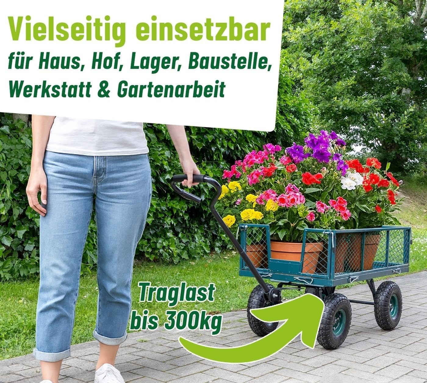 Gitterwagen Transportwagen bis 300kg – Robuster Handwagen mit Luftreifen, Abnehmbare Gitterwände, Ideal für Garten, Hof, Baustelle, Metallkonstruktion, Belastbar für schwere Lasten