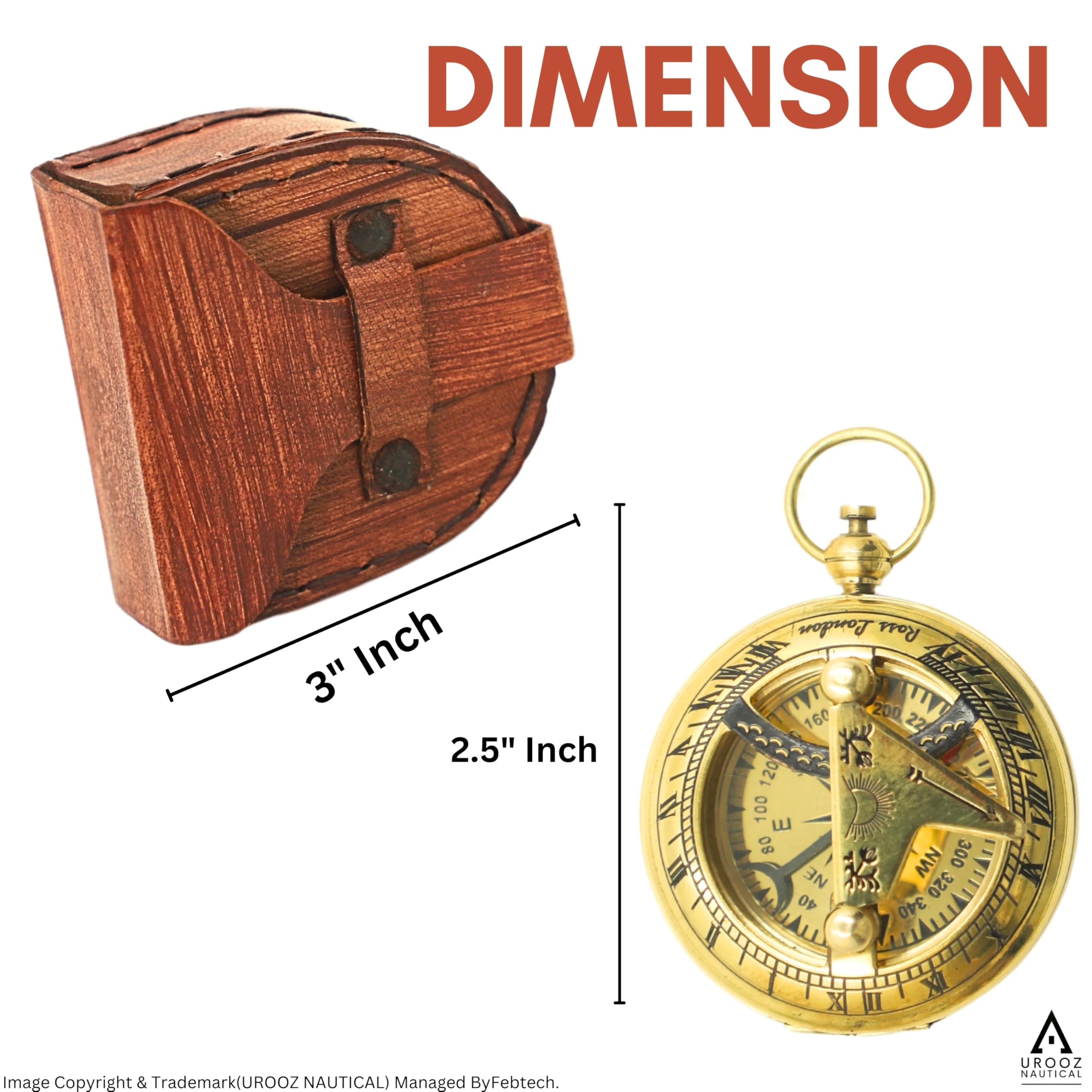 Solid Brass Sundial Compass in Leather Case | Pocket Chain Compass Graduation Day Gifts for Men, Birthday Gifts for Men/Boys, Father to Son Gifts, Baptism Gifts for Boys