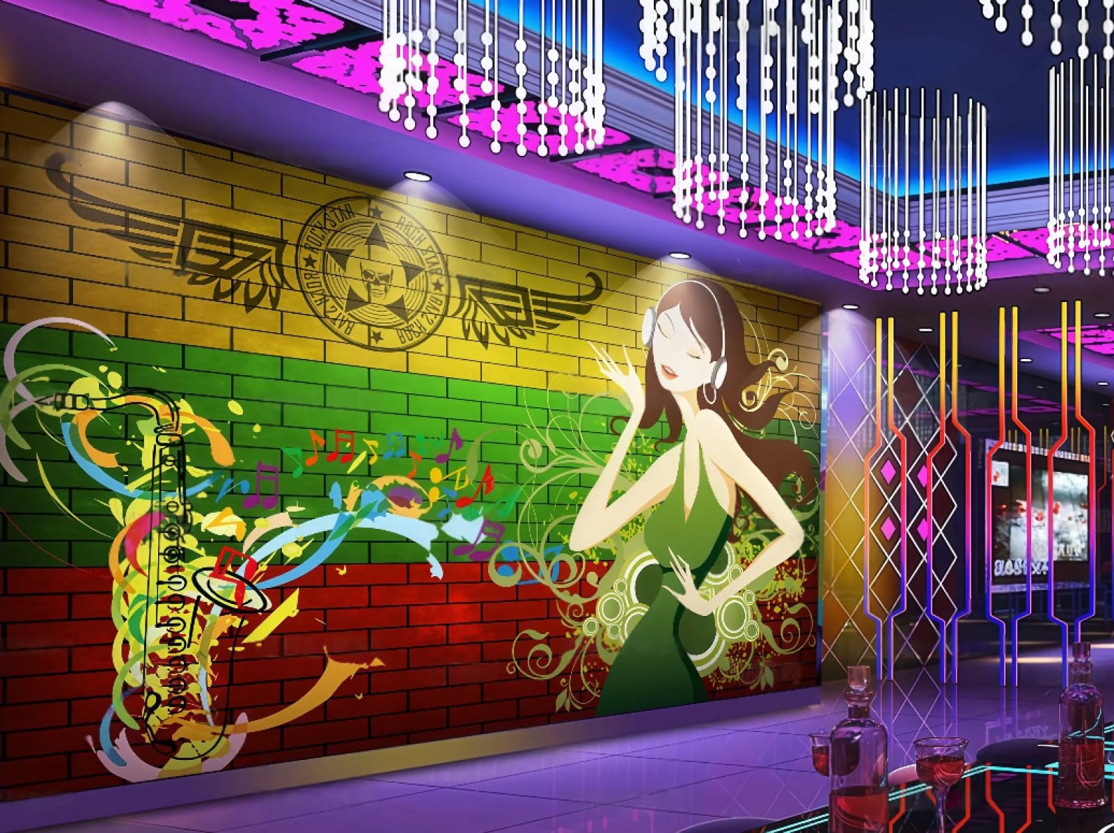 XDOUBAO Wallpaper Nostalgic Brick Wall Hand-Painted Graffiti Musical Instrument Music Bar Afternoon Tea Western Restaurant Background Wall Wallpaper Coffee Shop Mural,3D,150x105cm