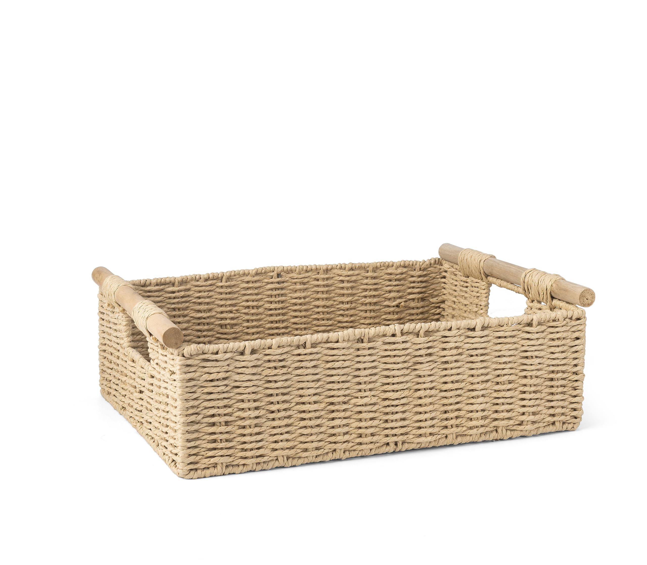 Woodluv Storage Basket for Shelves, Hand-Woven Paper Rope Storage Hamper Basket, Wardrobe Organiser with Wooden Handle, Khaki, Extra Large