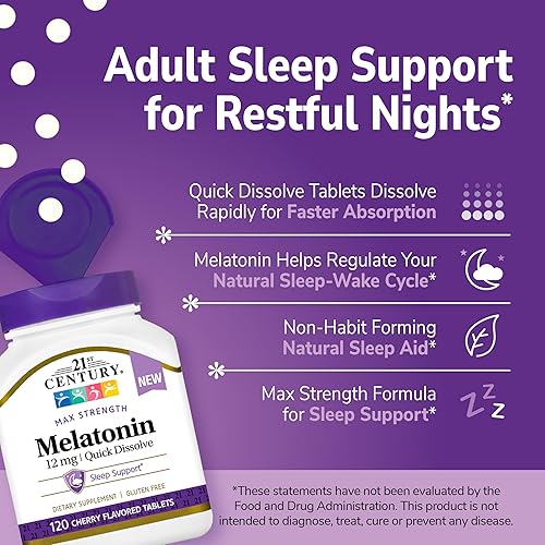 Miniatura 2 de 21st Century Melatonina - Tabletas de 12 mg de disolución rápida de máxima resistencia, (120 unidades) Ayuda para dormir para adultos, suplemento