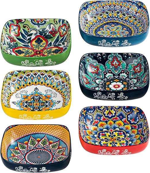 HENXFEN LEAD Boho Ceramic Square Bowls – 20 oz Colorful Bowls for Snacks, Dessert, Side Dishes, Pasta - 6 Inches Appetizer Plates Set of 6, Microwave & Dishwasher Safe