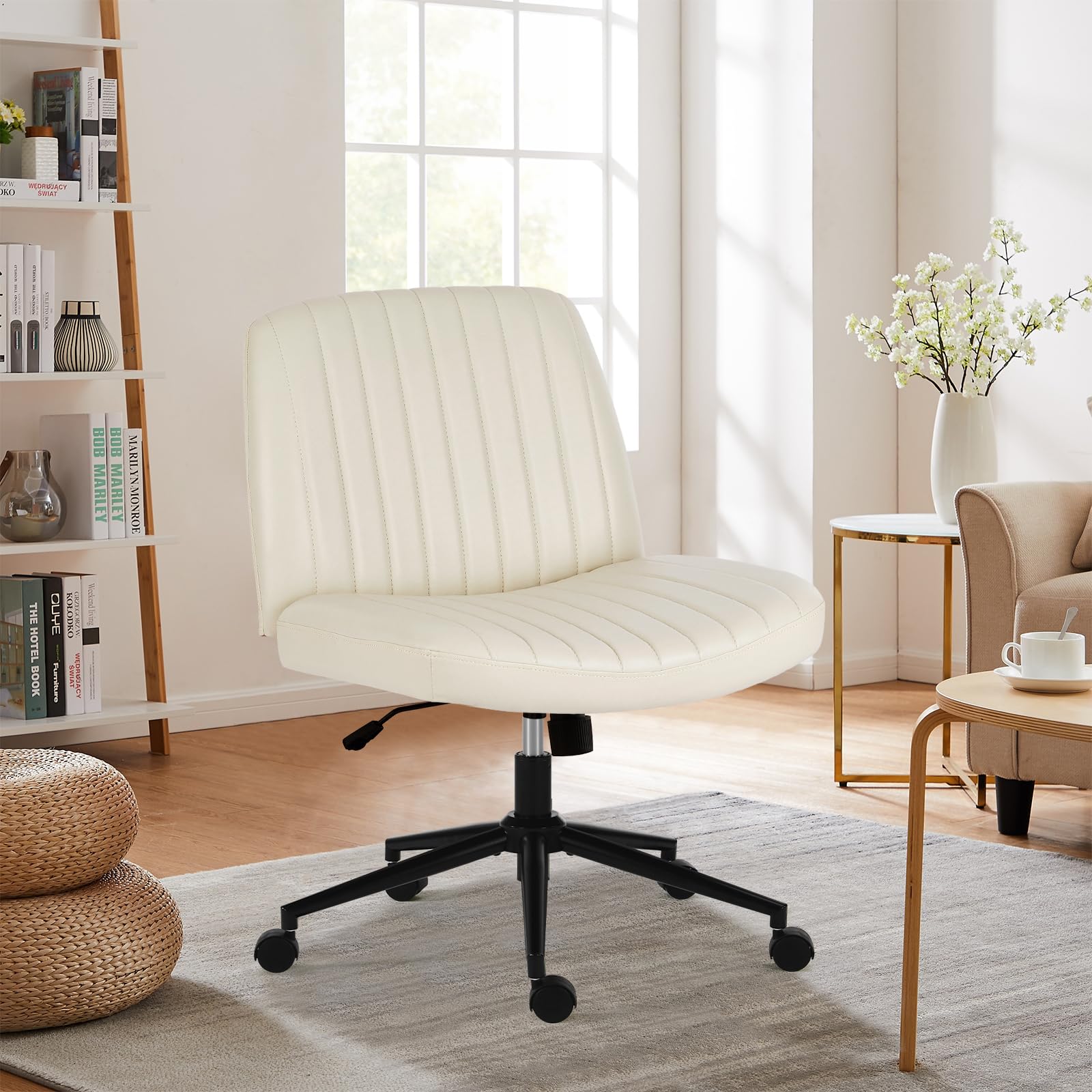 Sweetcrispy Criss Cross Chair Legged, Armless Office Desk Chair with Wheels, Swivel Vanity Chair, Height Adjustable Wide Seat Computer Task Chair, Fabric Vanity Modern Home Chair White PU