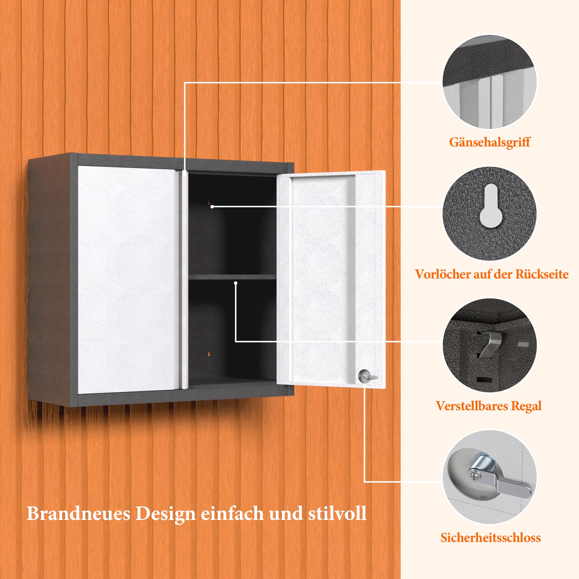 Metall-Wandschrank Werkzeugschrank, mit 1 Höhenverstellbarem Fachboden und 2 Türen, Abschließbarer Edelstahl-Wandschrank, Geeignet für Garage und Werkstatt, Größe: H66 x B66 x T30 cm