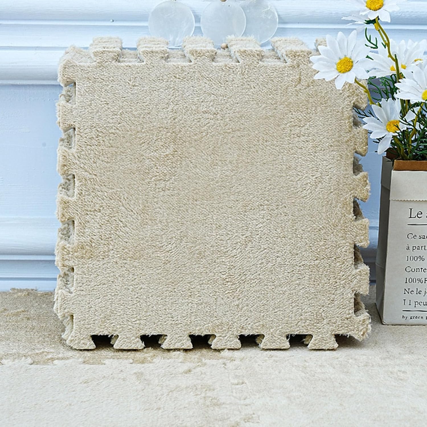 LoiYtrd Plush Interlocking Carpet Tiles - Fluffy Puzzle Foam Floor Mat - 10pcs 12x12in Foam Floor Tiles Soft Playmat(Apricot,30x30x1cm)