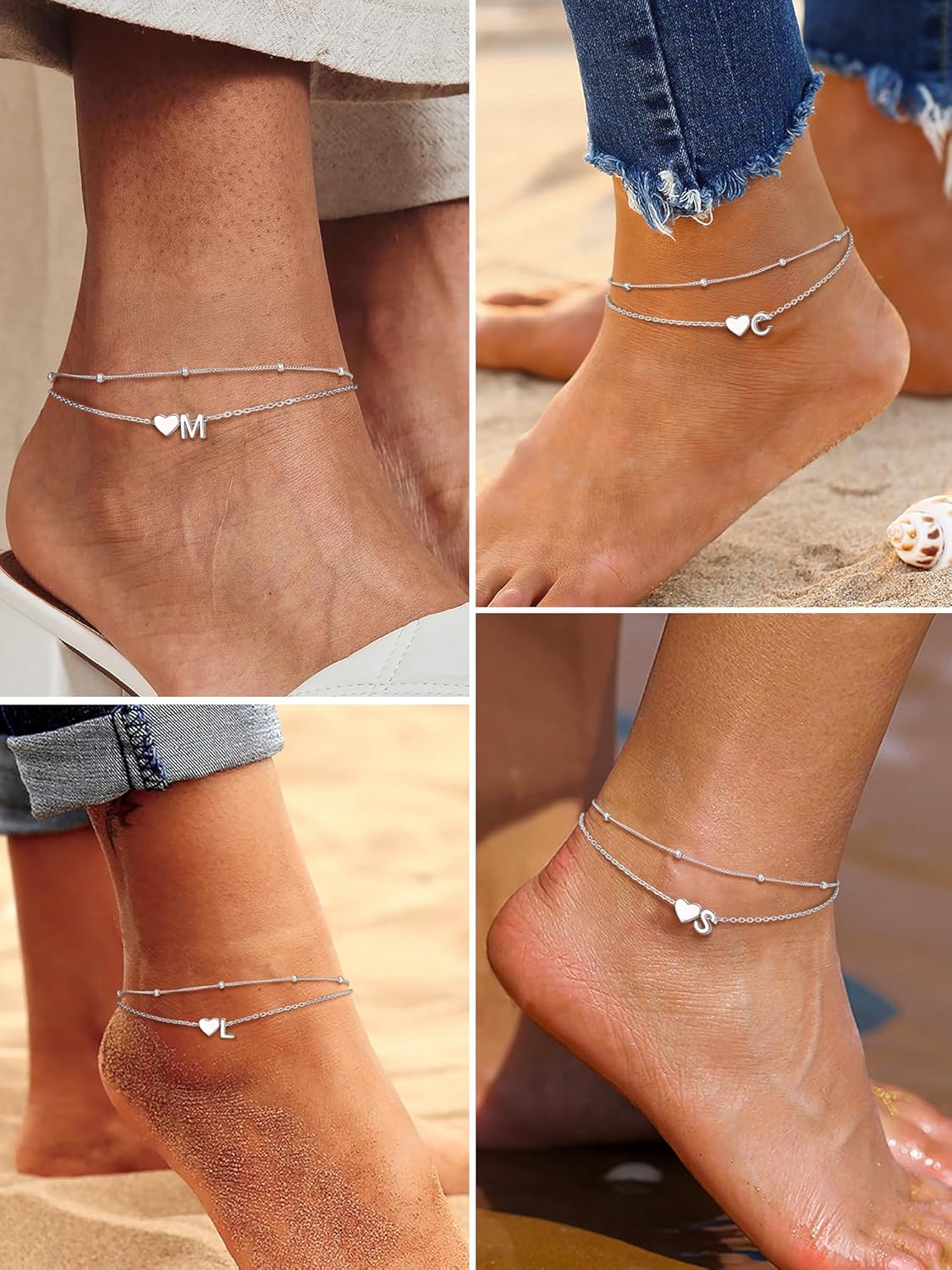 PROSILVER Ankle Bracelets for Women S925 Sterling Silver Anklets for Women Waterproof, Dainty Layered Heart Anklet, Beach Initial Anklet for Summer, Letter A-Z - Image 3