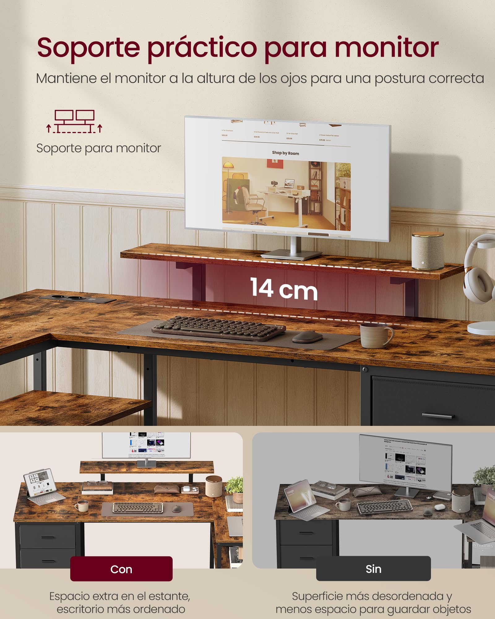 VASAGLE Escritorio Esquinero en L con Enchufes, Escritorio Gaming, Diseño Reversible, Estantes Ajustables, 4 Cajones, 2 Puertos USB, Estudio, Oficina, 140 x 80 cm, Marrón Rústico LWD172KD01