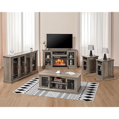 AMERLIFE 6-Pieces Living Room Table Sets - Includes 3-Sided Glass Fireplace TV Stand, Rustic Coffee Table, End Table Living Room Set of 2, Storage Cabinet with 4 Glass Doors, Wah Gray