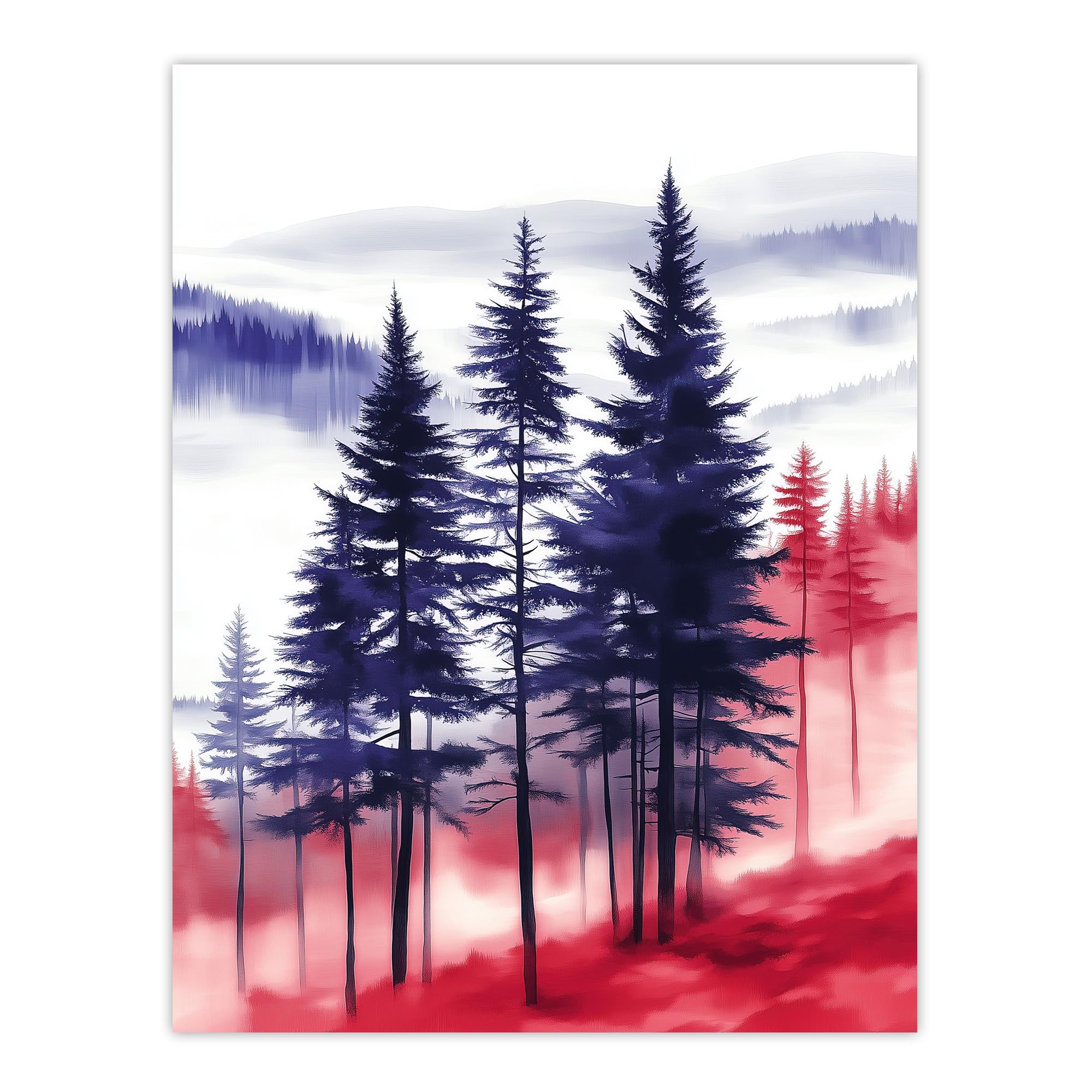 Artery8 Misty Pine Tree Forest Blue Red Landscape Wall Art Print - W24 inch x H32 inch