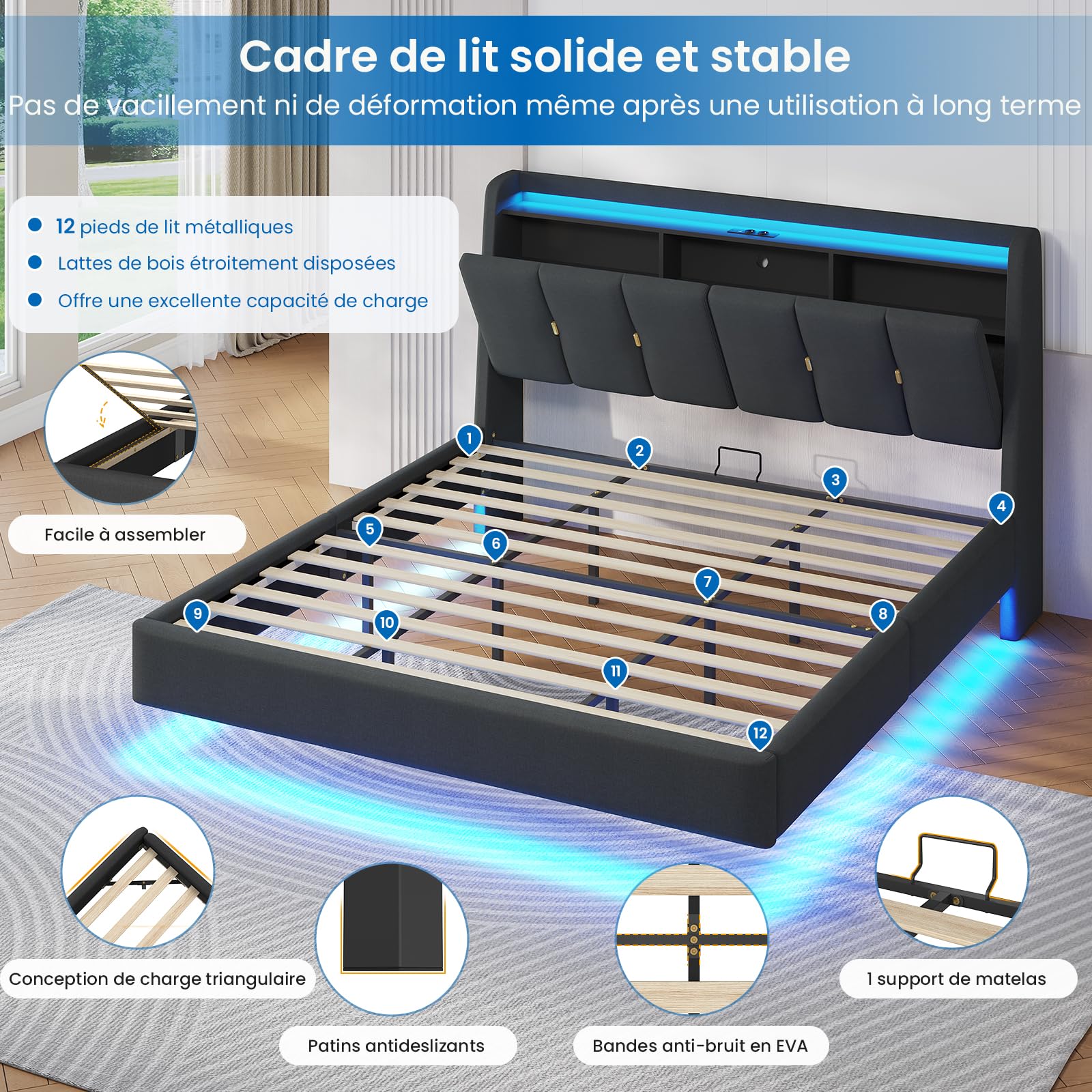 Brinlawb Lit Flottant 180x200 cm avec Dossier Confortable Incliné Rembourré et Rangement Caché, Lit 180x200 avec Sommier avec Éclairage LED et Multiprise (2 Prises AC, 1 USB-A et 1 USB-C) Lin Gris