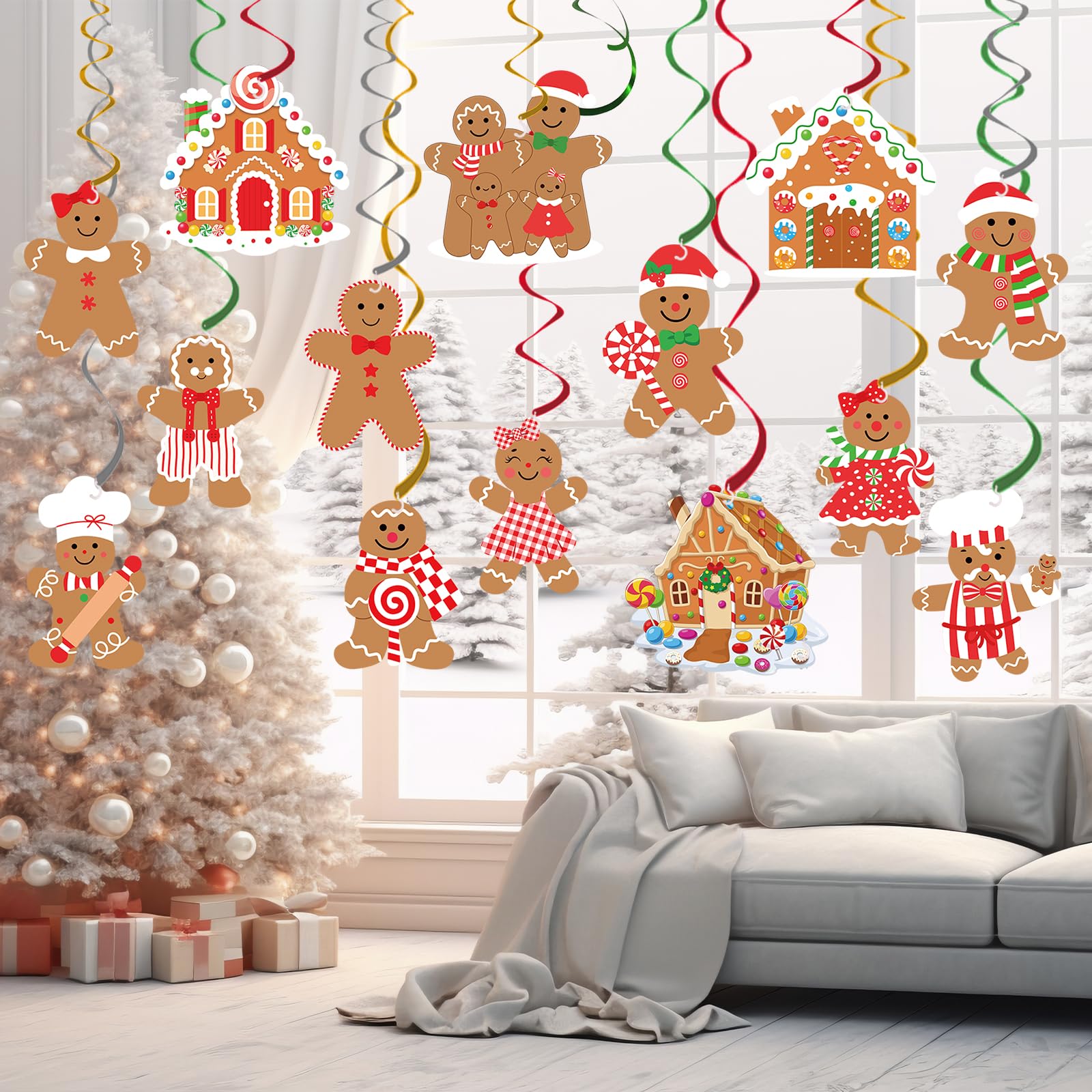 30 piezas de decoración de remolinos colgantes de Navidad, Feliz Navidad, hombre de jengibre, serpentinas colgantes para invierno, país de las maravillas, Navidad, Año Nuevo, vacaciones, fiesta de