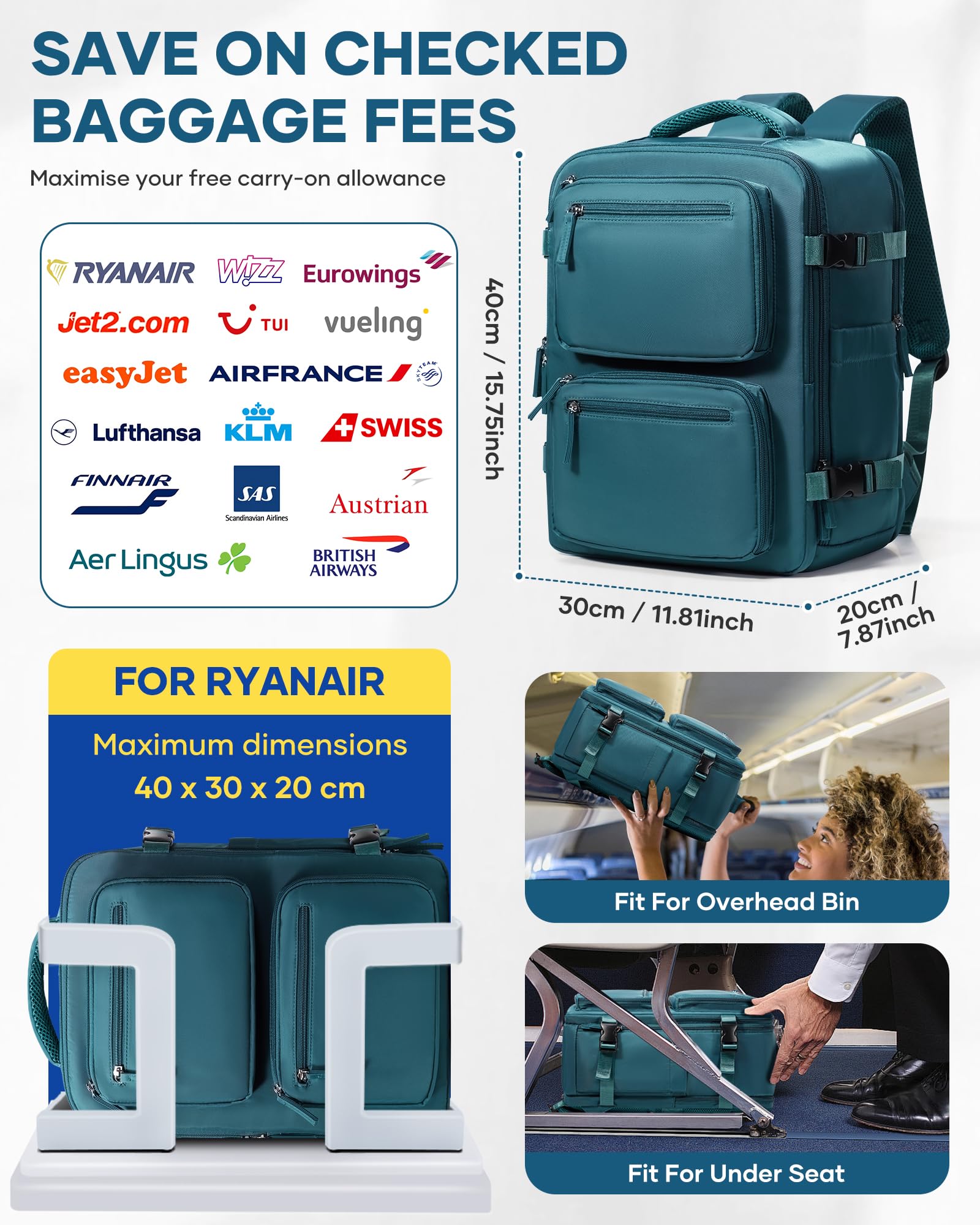 suradar Zaino sottovuoto da viaggio con pompa a compressione, zaino con compressione sottovuoto, per Ryanair, borsa da cabina 40 x 20 x 25 cm, per Ryan Air Bag da 40 x 20 x 25 cm, A1 - Blu pavone
