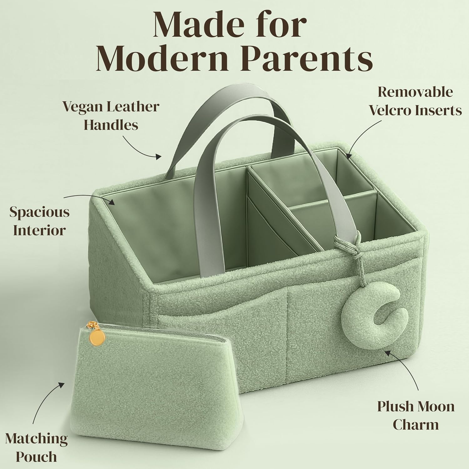 Orelle Bouclé Diaper Caddy Organizer with Matching Pouch & Moon Pendant | Teddy Portable Changing Table Organizer | Sage Green Diaper Caddy | Must-Have Baby Shower Gifts | Sage Green