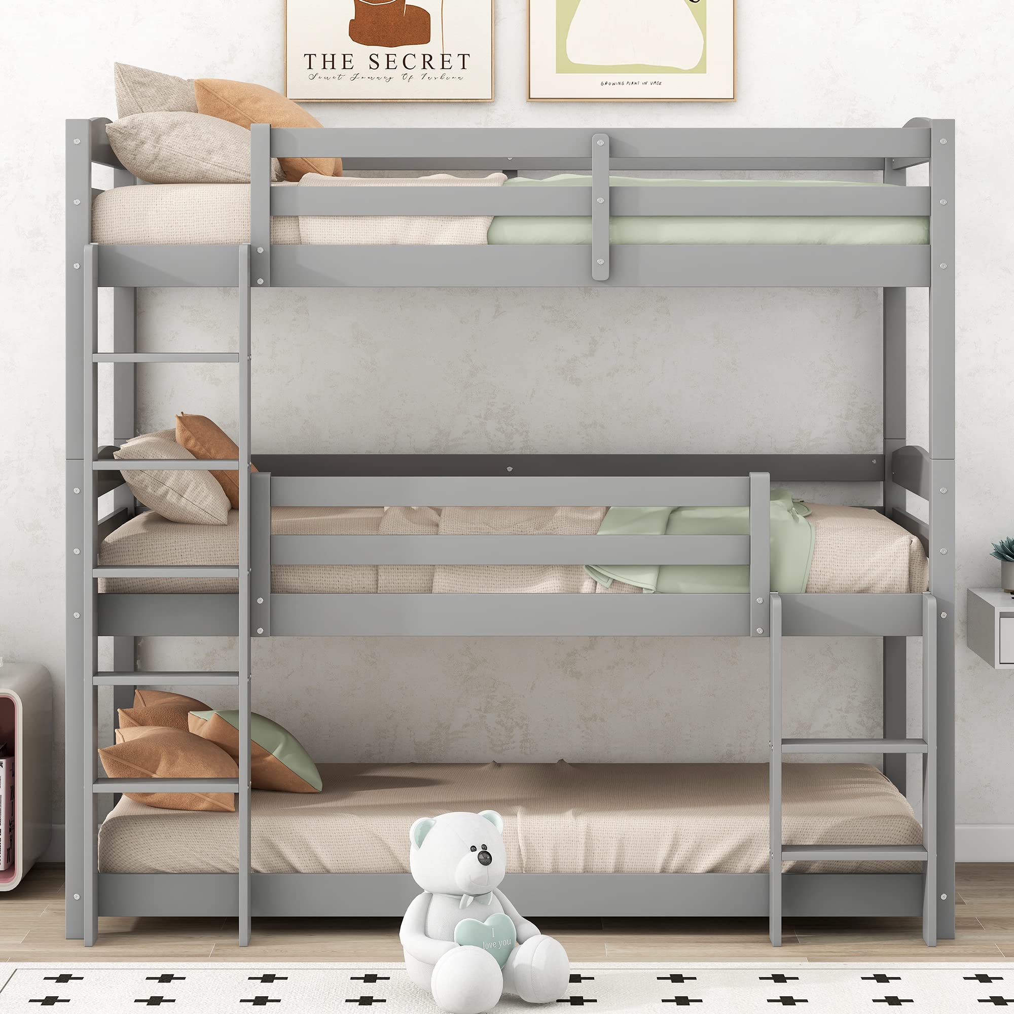 Azkoeesy Litera para 3 Niños 90x200 cm, Estructura Modular, con Somier y Barandilla de Seguridad, Madera de Pino Color Gris