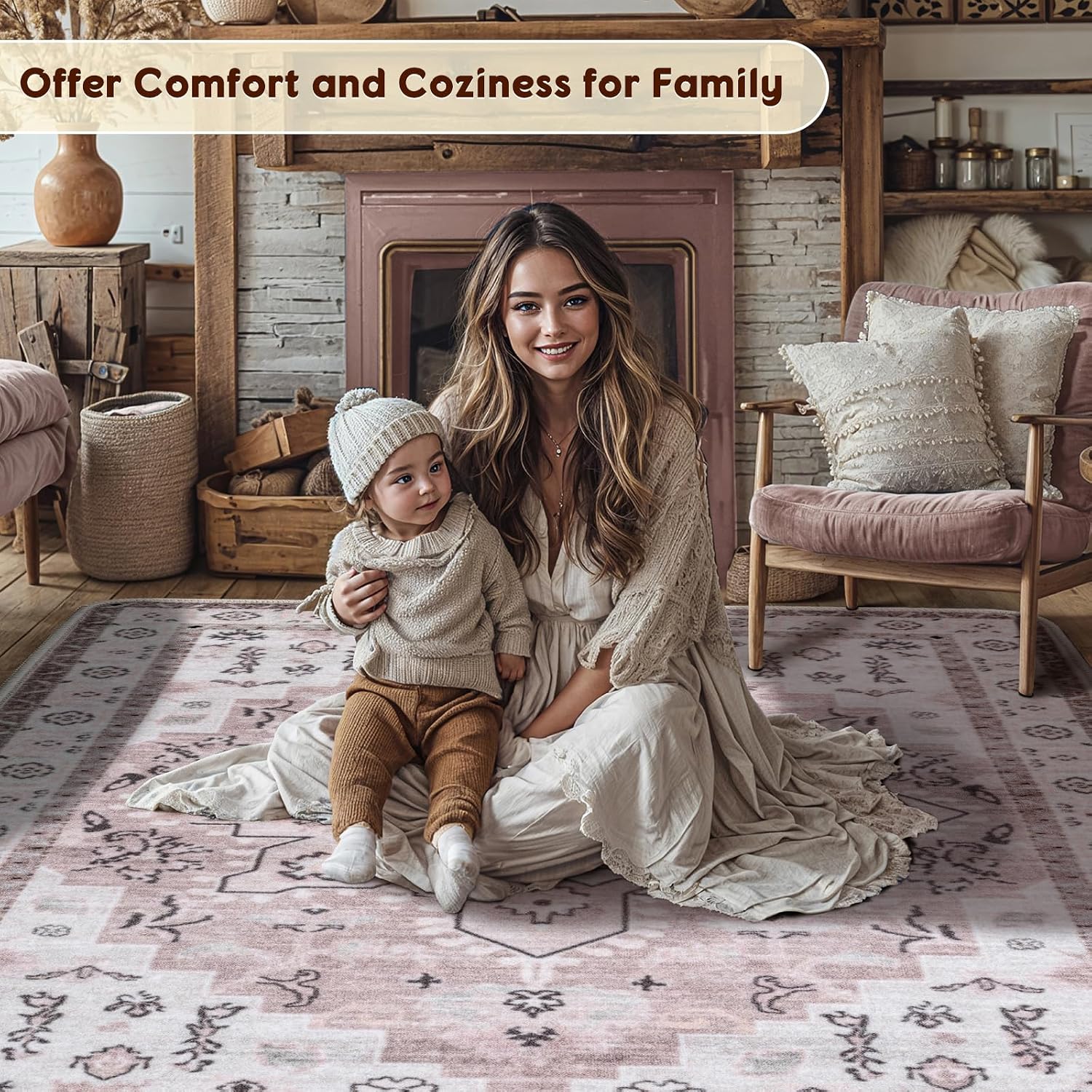 LBRO2M Boho Area Rug 8X10 Washable Rugs for Bedroom Low Piles Indoor Carpet, Non Slip Soft Rug for Living Room, Dining Room, Foldable Pet Friendly Area Rugs Stain Resistant (8'X10' Light Pink)