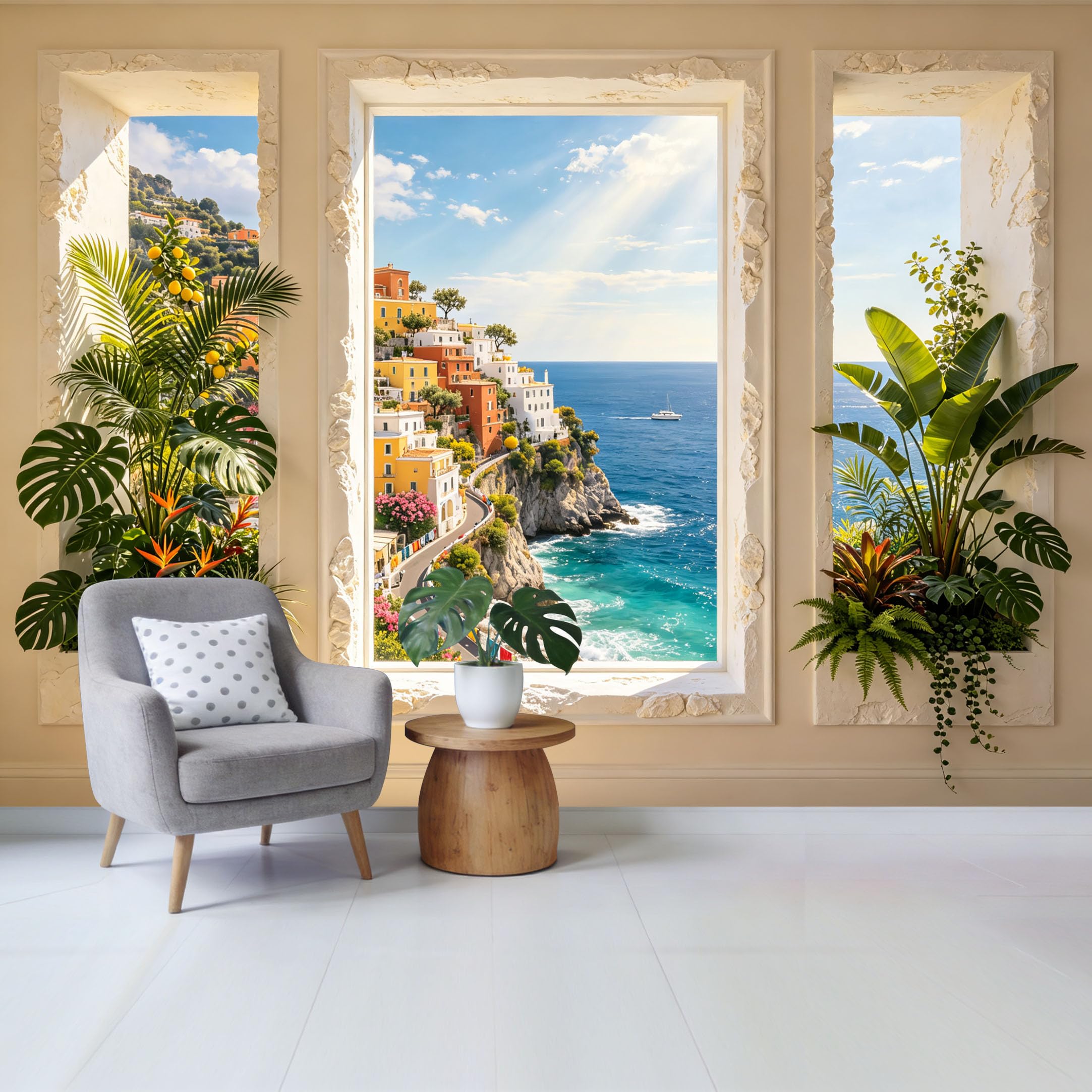 Custom Size Wall Mural Coastal Mediterranean Seaside Town View with Tropical Plants Ocean Landscape Removable Self Adhesive Fabric Home Wall Decor for Living Room Bedroom Bathroom