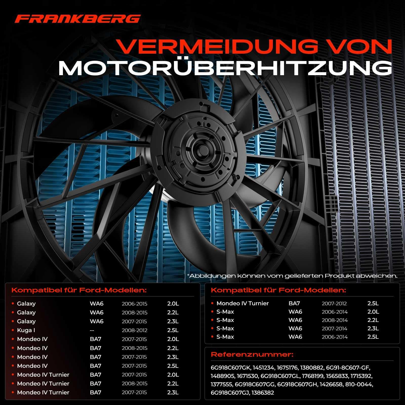 Frankberg Lüfter Motorkühlung Kühlerlüfter Kompatibel mit Galaxy WA6 2.0L-2.3L 2006-2015 Mondeo IV BA7 2.0L-2.5L 2007-2015 S-Max WA6 2.0L-2.5L 2006-2014 Replace# 810-0044