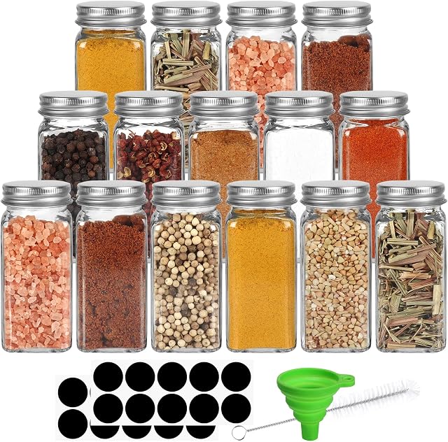 15 Pack 4oz Glass Spice Jars,Yishik 120ml Square Seasoning Bottles with Silver Caps and Shaker Lids,20pcs Labels,1 Funnel and 1 Brush for Kitchen Storage