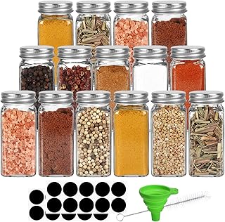 Yishik 4oz Glass Spice Jars 15 Pack, 120ml Square Seasoning Bottles with Silver Caps and Shaker Lids,20pcs Labels,1 Funnel and 1 Brush for Kitchen Storage