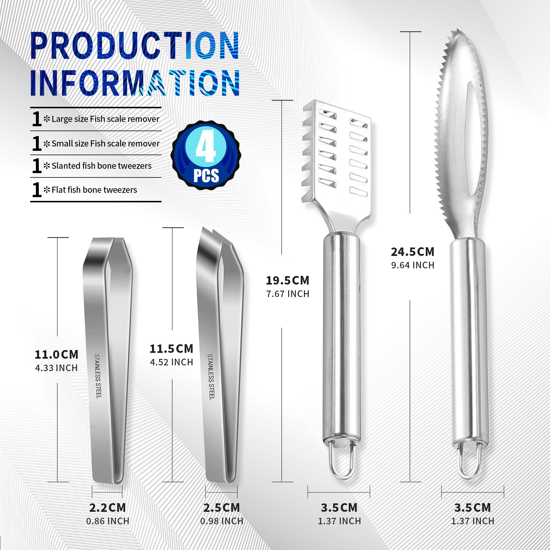 Set 4 Raschietti E Pinzette Per Pesce - Inox Per Squamare E Rimuovere Lische, 2 Misure