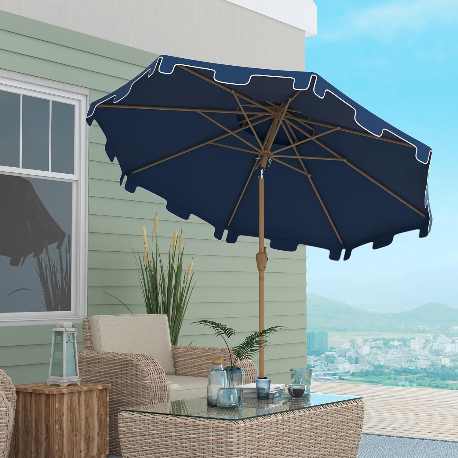 Outsunny 9' Patio Umbrella with Push Button Tilt and Crank, Double Top Ruffled Outdoor Market Table Umbrella with 8 Ribs, for Garden, Deck, Pool
