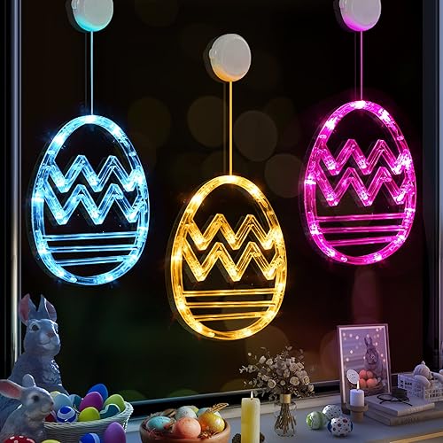 LOLStar Luces de ventana de Pascua decoraciones de ventana de Pascua paquete de 3 luces colgantes en forma de huevos de Pascua azul rosa amarillo