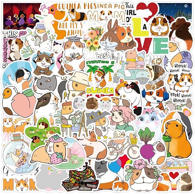 50Pcs Guinea Pig Stickers Kawaii Little Animal Stickers Laptop Car Scrapbook Phone Skateboard Vinyl Waterproof Aesthetic Personalised Stickers for Teens Boys Girls Adults
