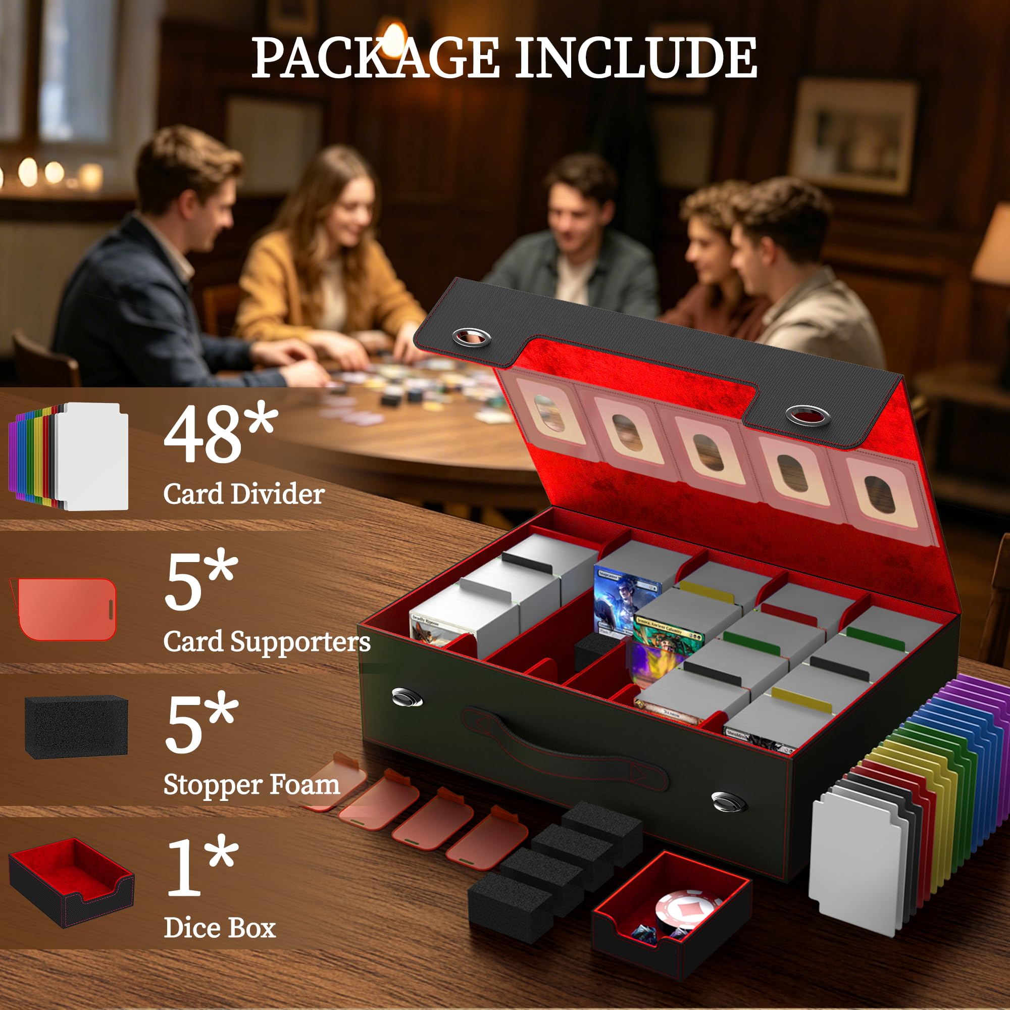 5 lignes Boîte de rangement pour cartes à collectionner,Commander Deck Box | pour plus de 3900 cartes MTG, pour TCG, PTCG,5 séparateurs,1 plateau pour dés,48 murs de séparation (Rouge)