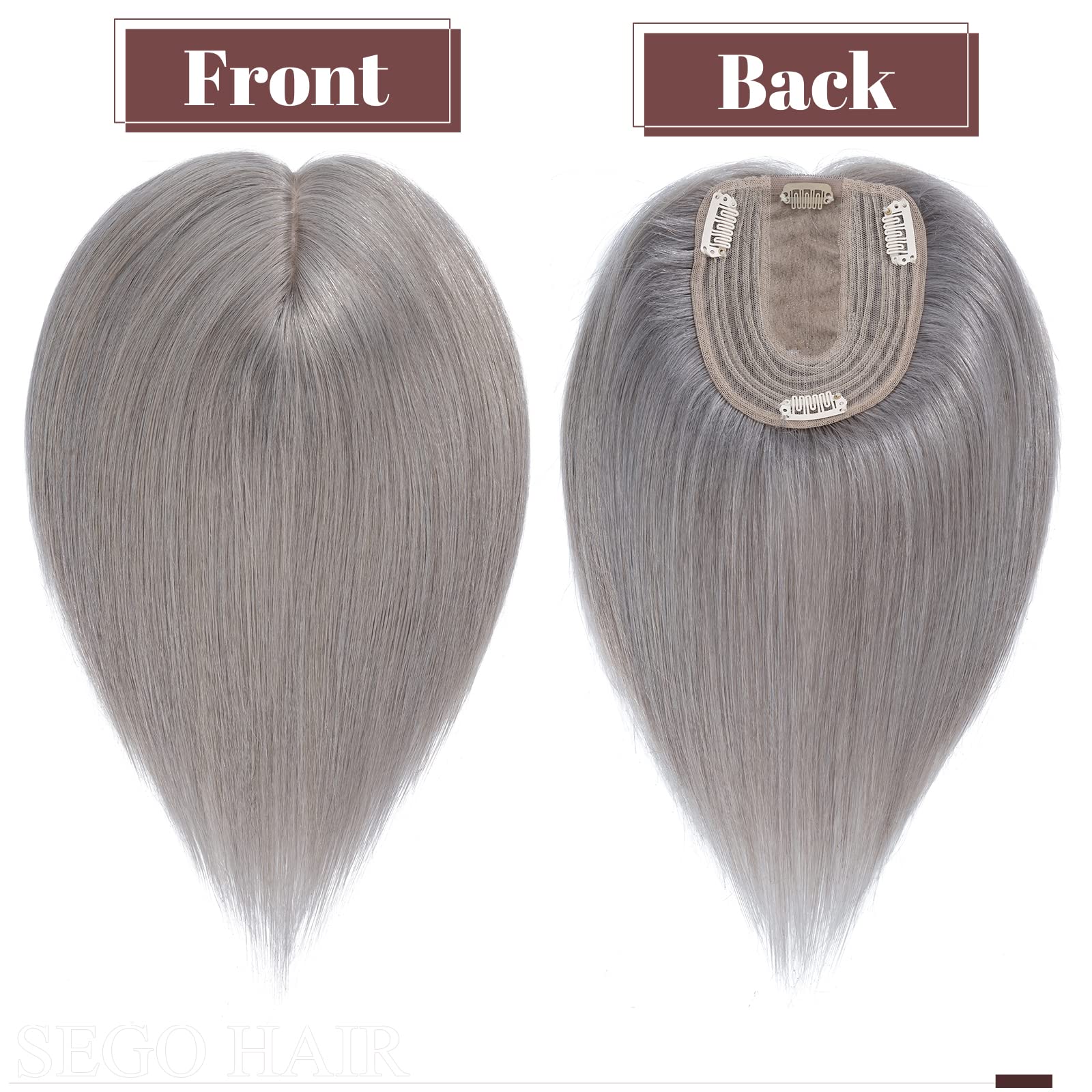SEGO Clip in Hair Topper for Women, No Bangs Remy Human Hair Toppers, Silk Base Top Wiglet Hairpieces for Hair Loss Thinning Cover Grey 4 Clips