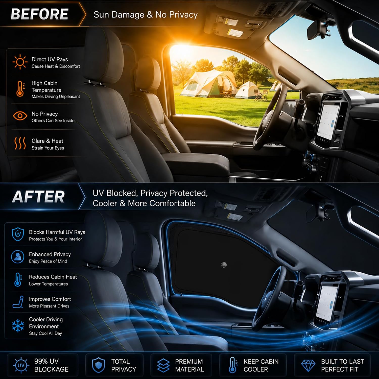 2026 Upgraded Front Side Window Shade for 2017-2022 Fo'rd F250 F350 Super Duty 2Dr 4Dr Pickup, Foldable Window Sunshade Sun Visor Protector, Side Window Shades Blocks UV Rays Heat, Pack of 2