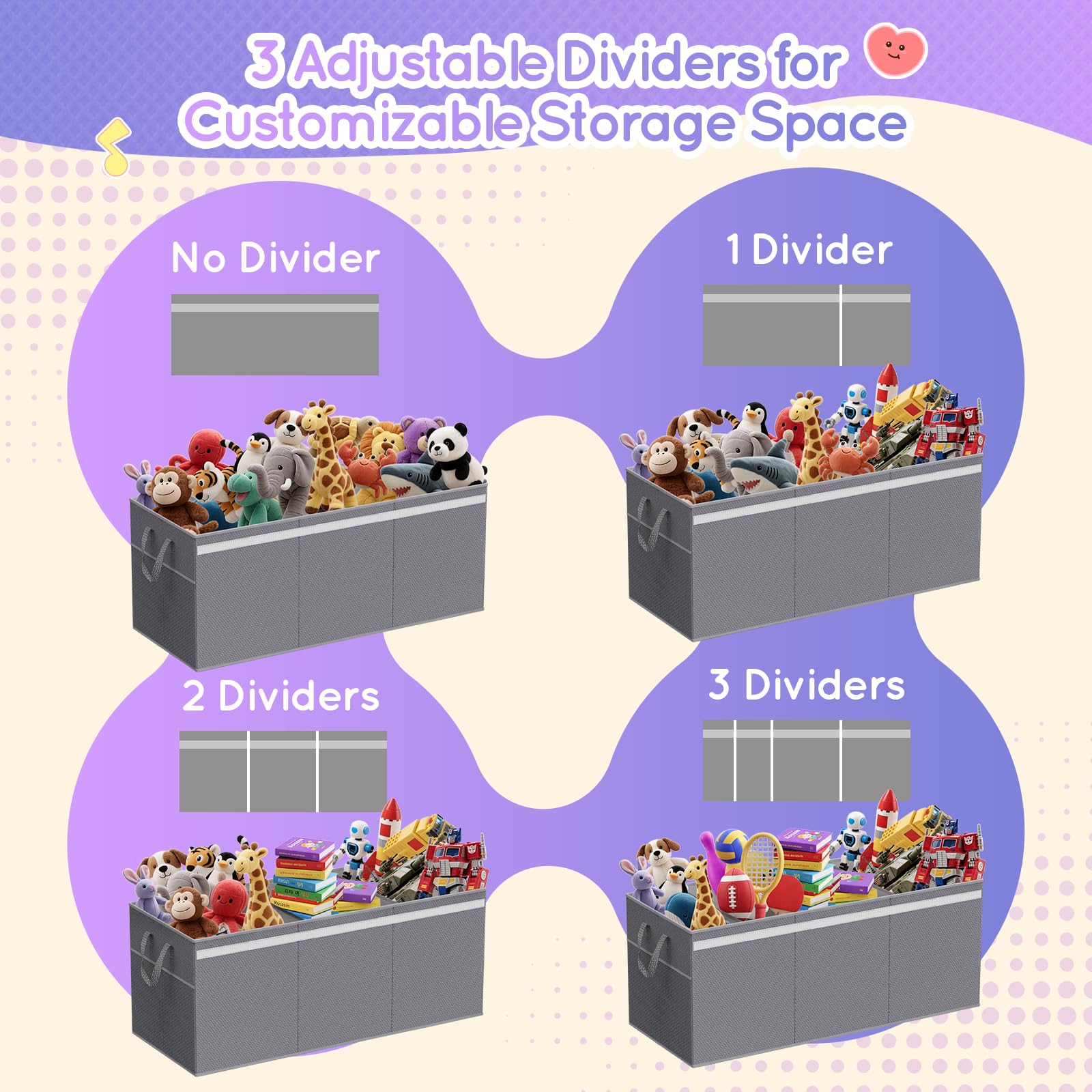 Lewondr 160L Extragrande Cesta de Almacenamiento para Juguetes con Tapas | Caja Plegable Almacenaje Juguetes Niños y Niñas, 3 Separadores Extraíbles, Salón y Guardería, 100 × 40 × 40 cm, Gris