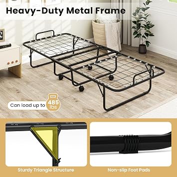 Giantex Folding Bed with Mattress for Adults, 75 x 31 Cot Size Portable Rollaway Bed with Sturdy Metal Frame, Space Saving Roll Away Bed with Memory Foam Mattress for Guest Living Room