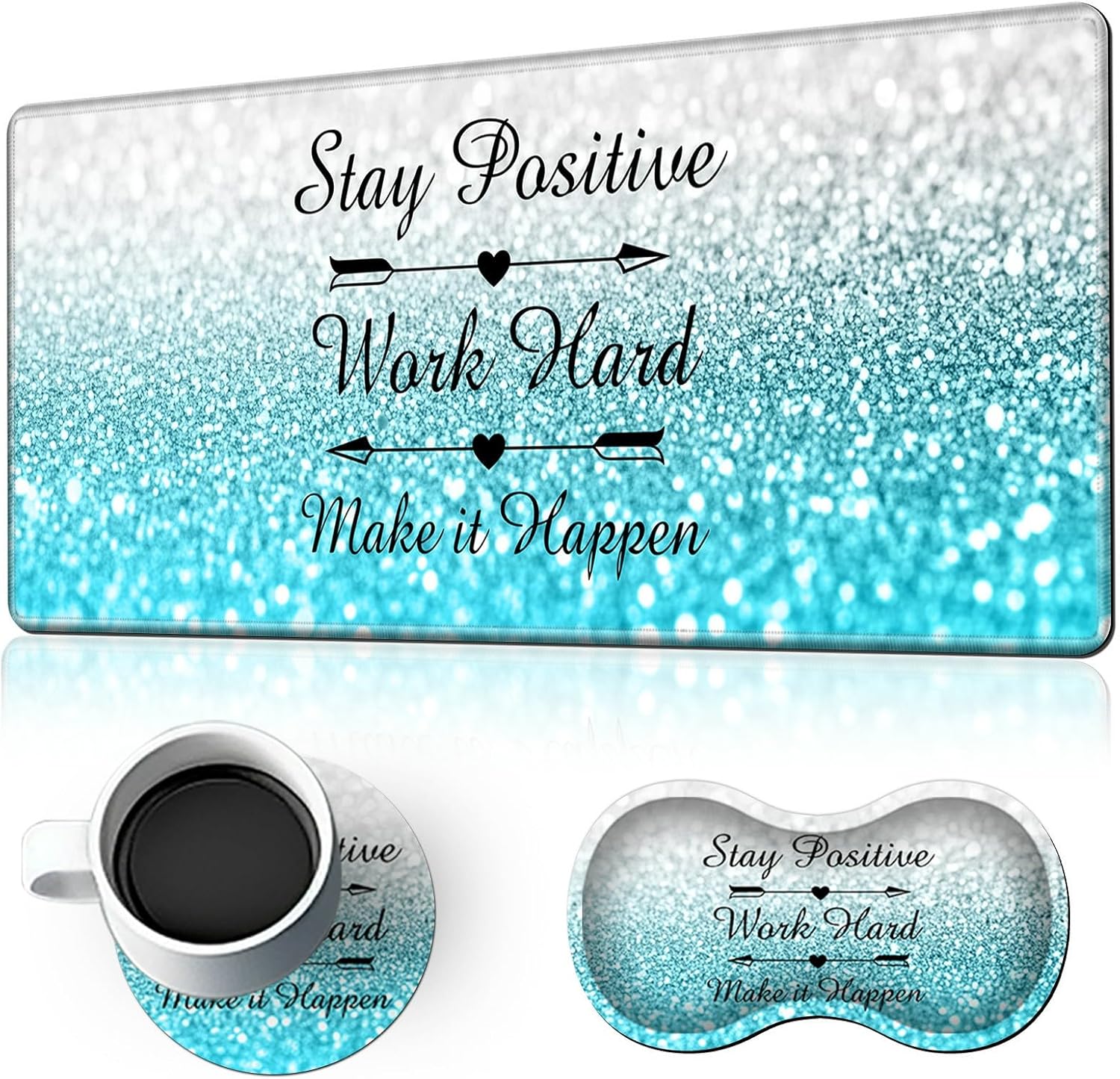 Large Gaming Mouse Pad Set with Memory Foam Wrist Rest & Coaster,Ergonomic Desk Mat,Non-Slip Base,Water-Resistant Surface for Office & Gaming Comfort,Blue Flash Stay Positive