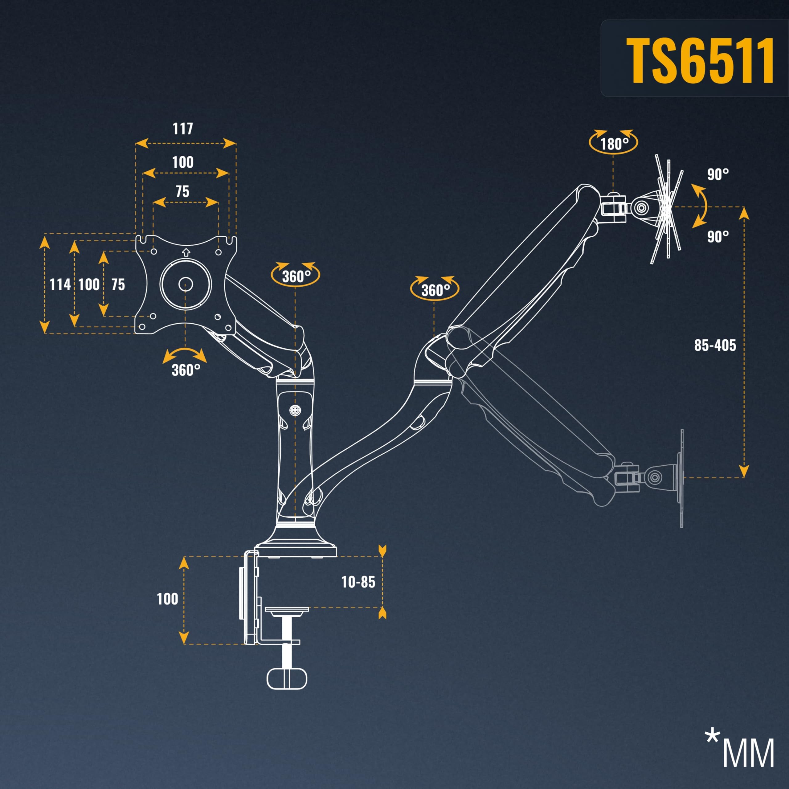 RICOO TS6511 Supporto monitor da scrivania 13-27 pollici per 13 27 pollici girevole inclinabile fino a 8 kg max VESA 100x100