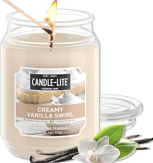 Candle-lite Creamy Vanilla Swirl Scented Candle, 18oz Jar, 110-Hour Burn, USA Made Aromatherapy for Cozy Ambiance