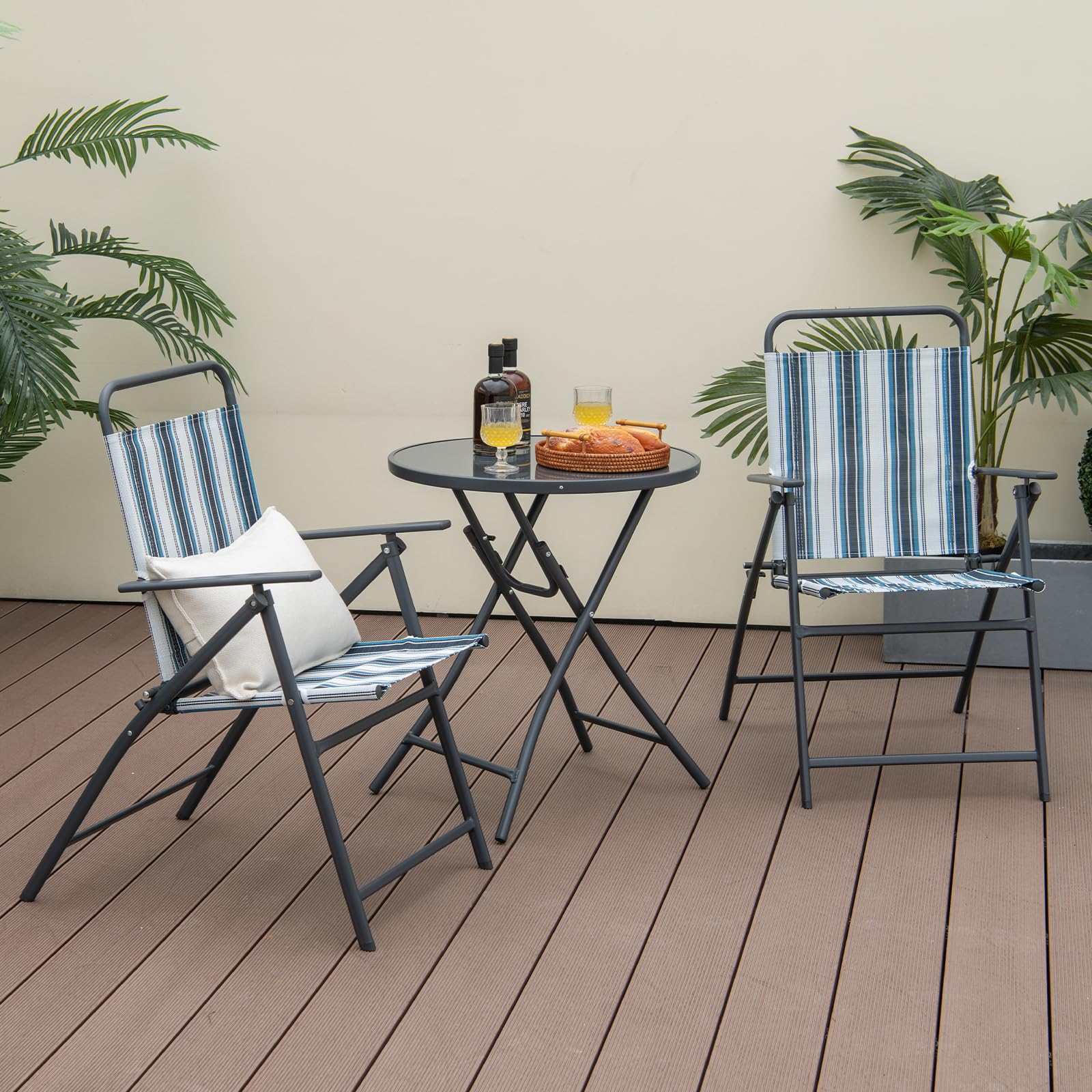 KOMFOTTEU Ensemble de Bistro, 2 Fauteuils en Teslin & Table en Verre Pliables, Ensemble de Jardin pour 2 Personnes, Meuble d'Extérieur 3 pièces, pour Balcon, Terrasse, Piscine