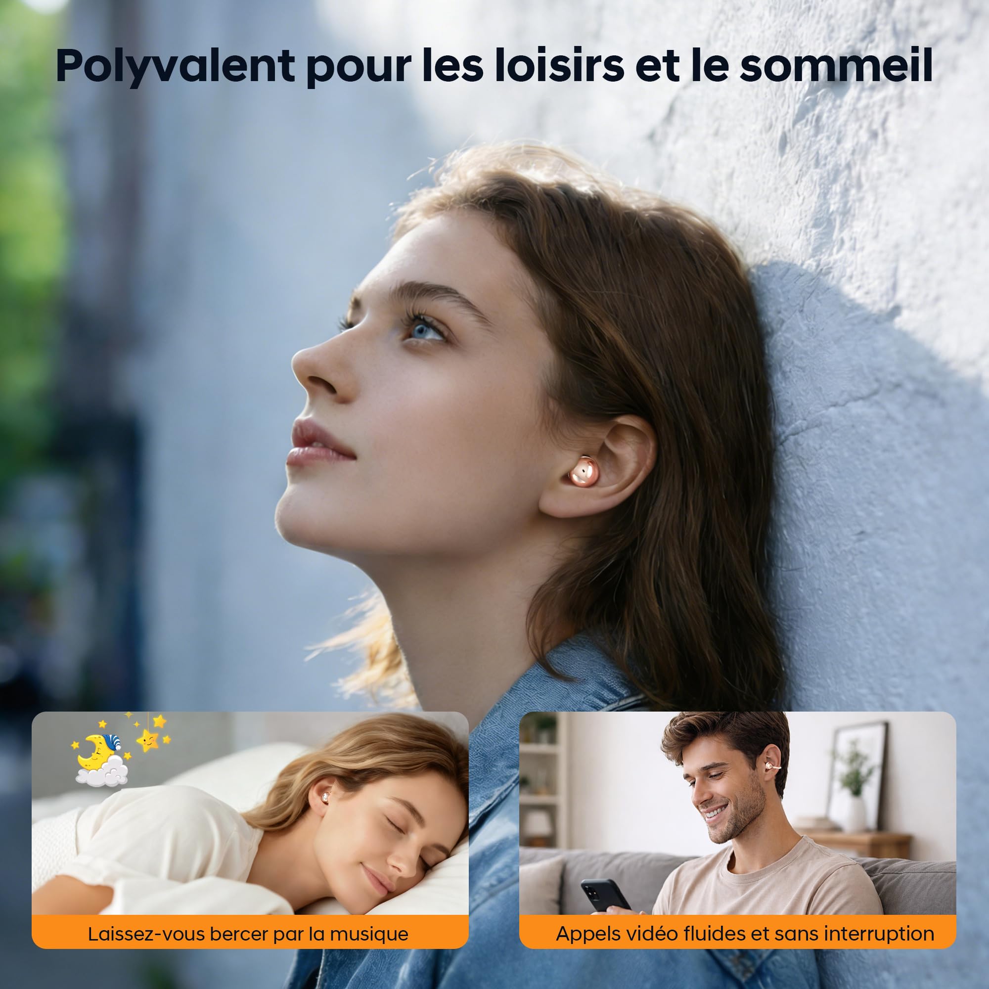 Écouteurs Ouverts et Casque Bluetooth sans Fil avec 36 Heures d'Autonomie, Graves Puissants, Ultra-Compact et IPX5, pour Le Travail, Le Sport et Le Sommeil, Mode d'Utilisation Jour/Nuit(Or Classique)
