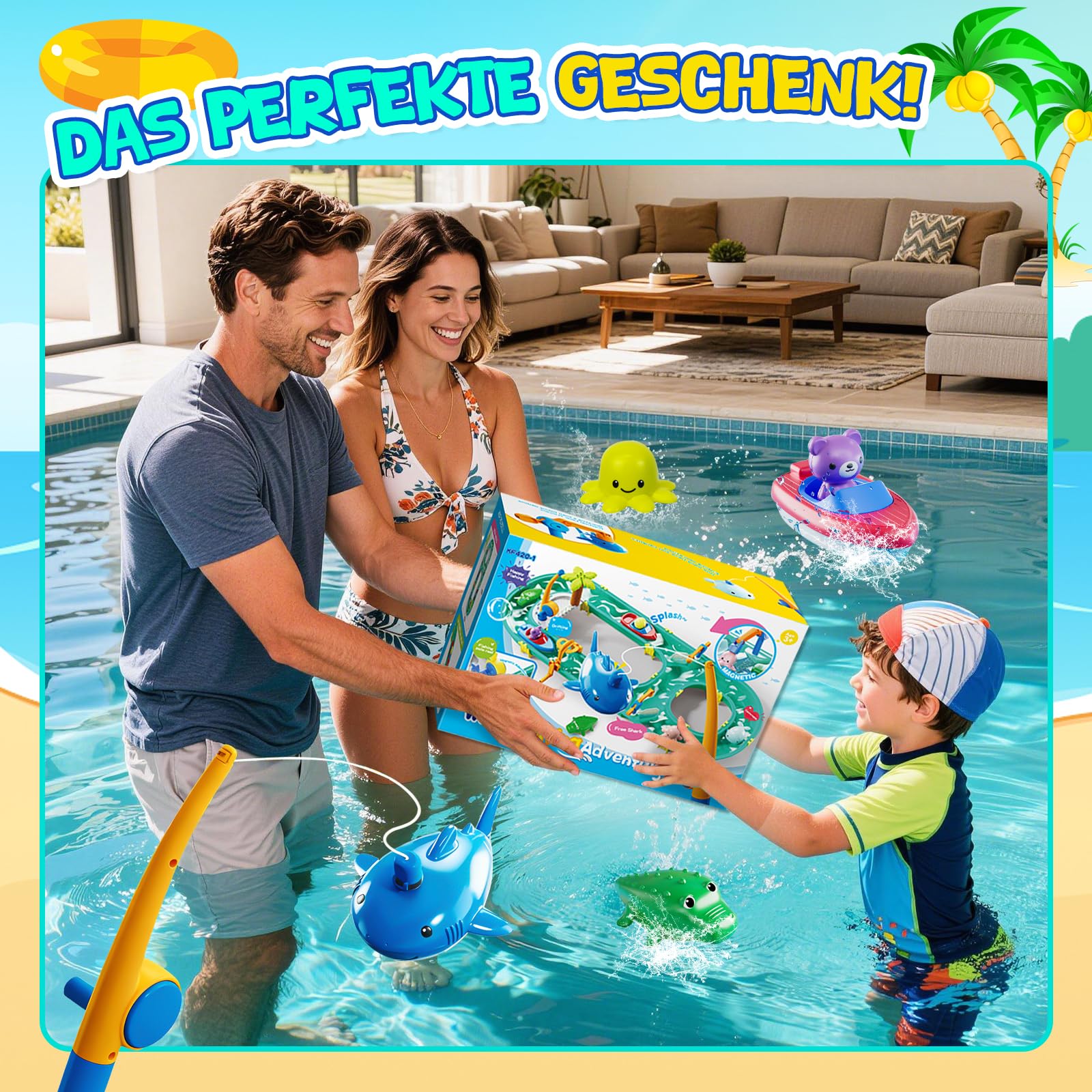 Joellfuner Pista de agua para niños al aire libre, set de juguete acuático 2 en 1 con botes, figuras de animales y pistolas de agua