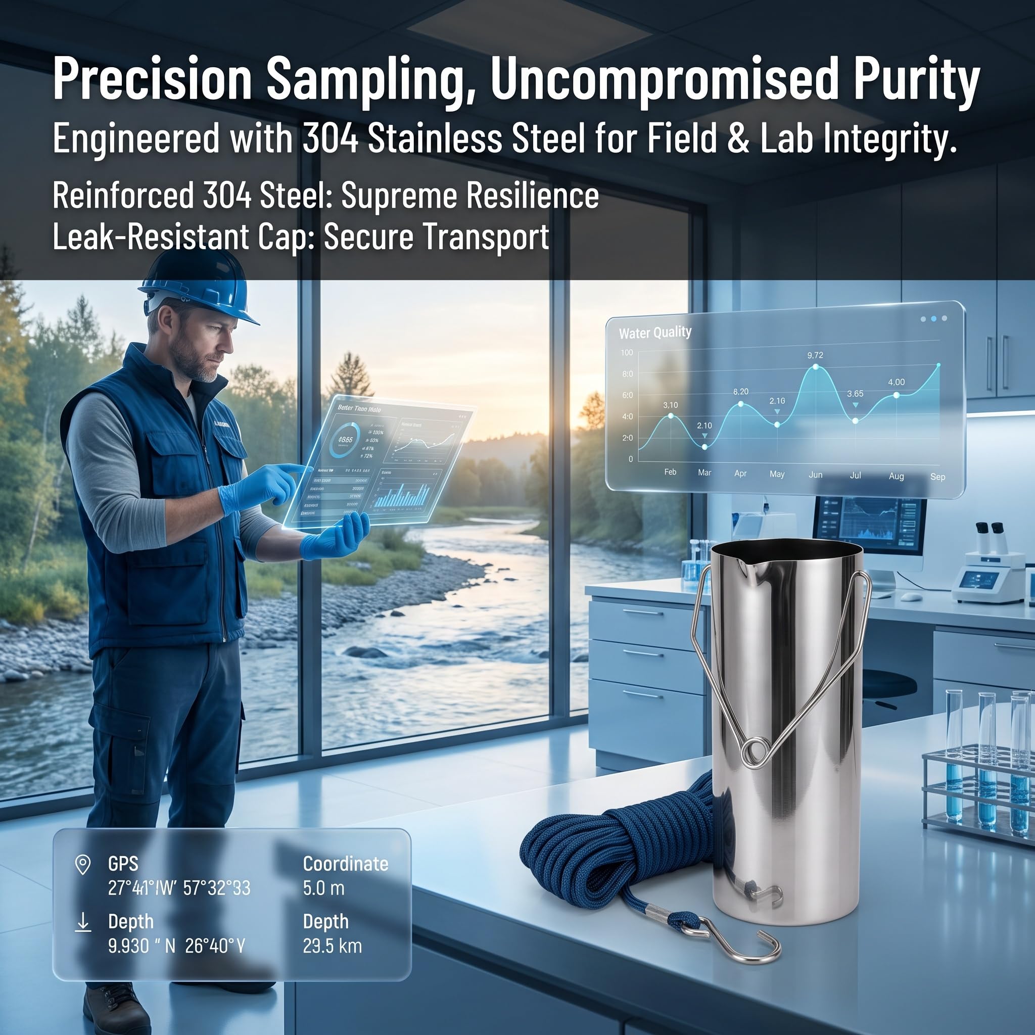 Kit Portátil De Acero Inoxidable para Muestreo De Agua: Recolector Preciso De Calidad del Agua para Ríos, Lagos Y Embalses: Herramienta Esencial para Análisis De Campo. 1L