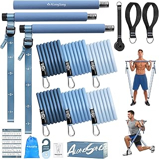 ALongSong Pilates Equipment Pilates Reformer Bar Set With 6 Elastic Resistance Bands 180LBS/240LBS/360LBS & Door Anchor fo...