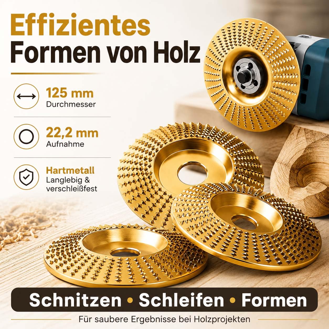 Wolframkarbid Holzschleifscheibe 125mm für Winkelschleifer, Holzschnitzscheibe mit 22,2 mm Bohrung, Raspelscheibe Holz zum Schleifen, Formen, Schnitzen, Entgraten und Trimmen von Holz (3 Mix)