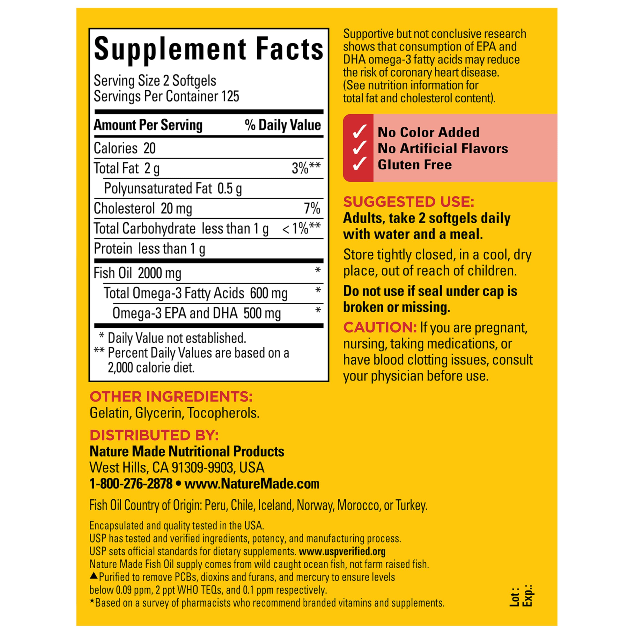 Nature Made Fish Oil Omega 3 Supplements, 1000mg Softgels, Omega 3 Fish Oil for Healthy Heart Support, 250 Softgels, 125 Day Supply