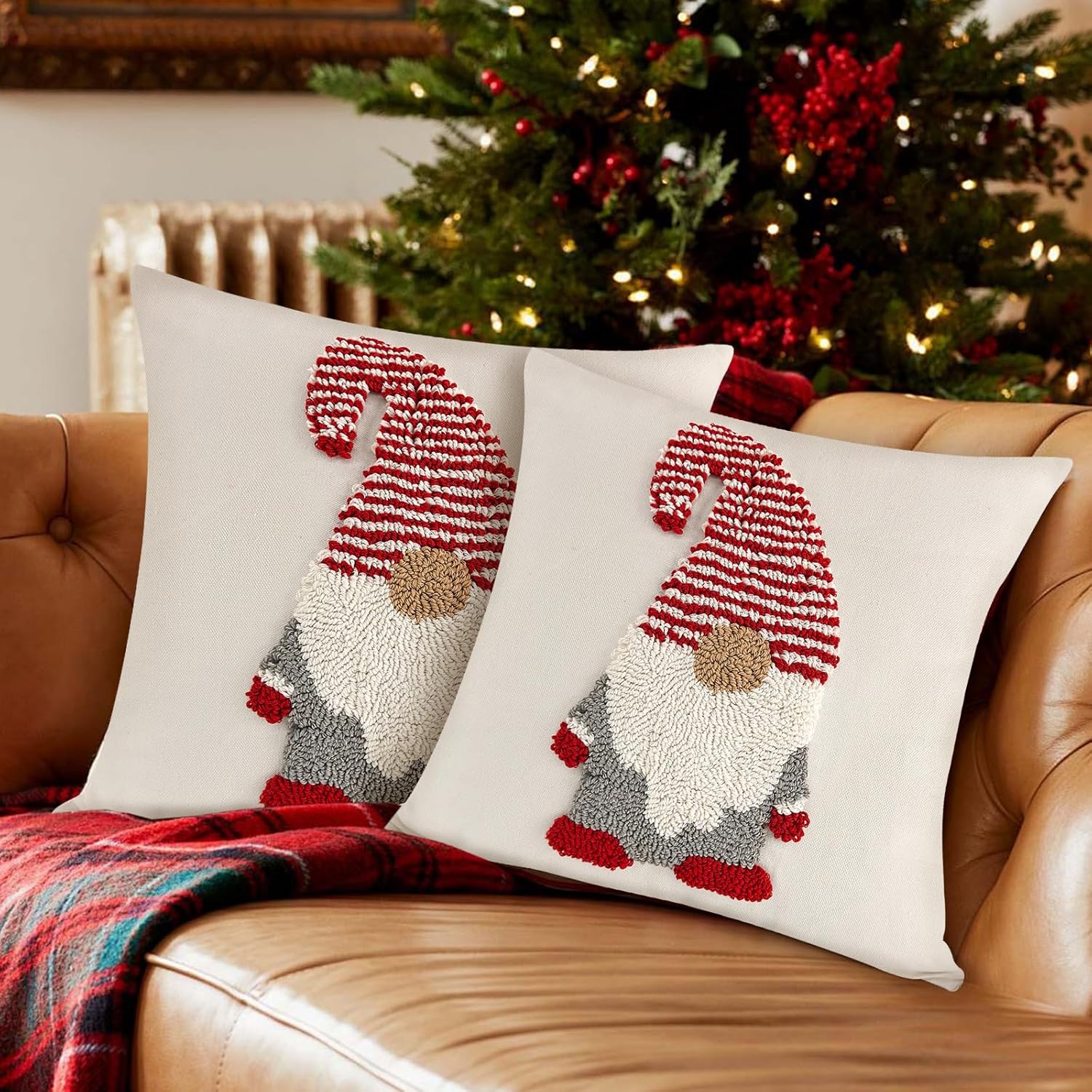 18x18 Inches Canvas Christmas Pillow Covers Set of 2, Gnome Loop Pile Throw Pillows Cases Xmas Decor for Couch Sofa Bedroom Living Room Home, Holiday Decorative Pillows Covers Gifts for Women Men