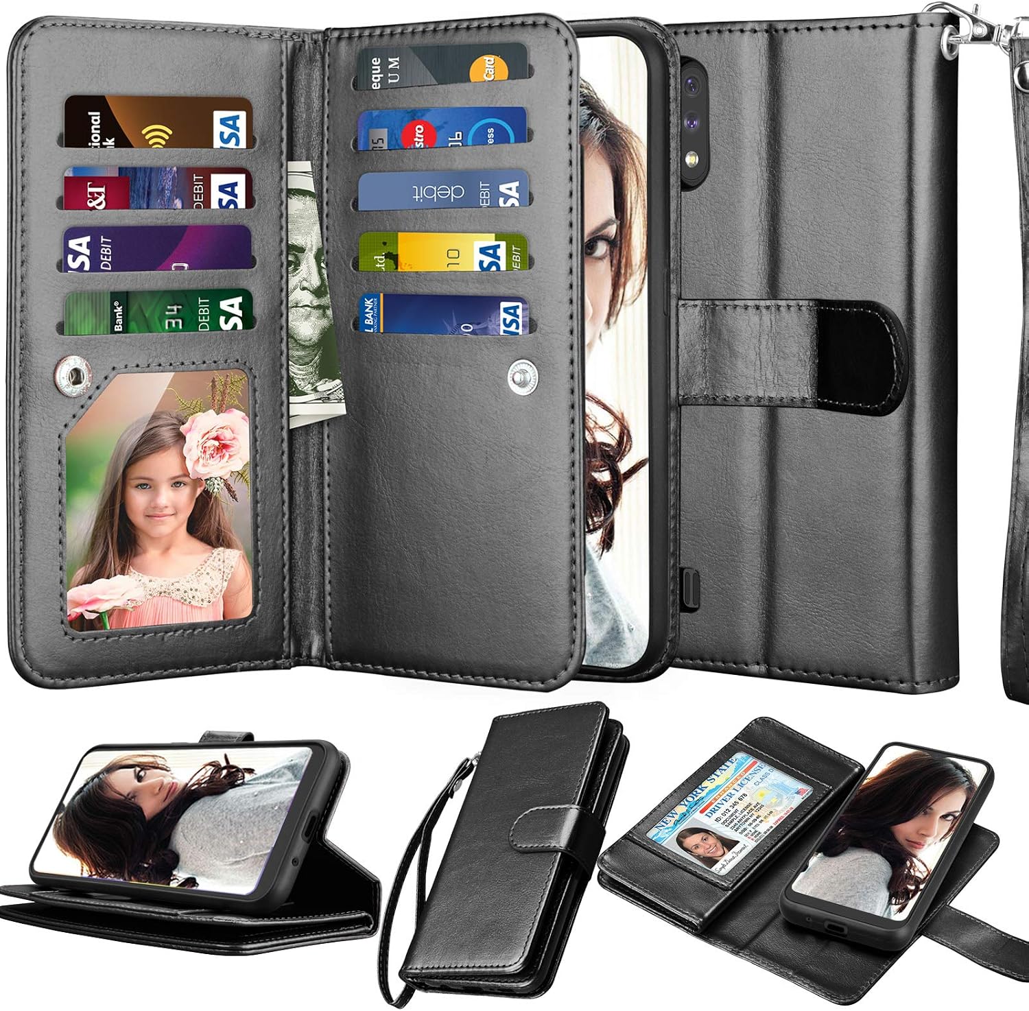 NJJEX Galaxy A01 Case, for Samsung Galaxy A01 Wallet Case, [9 Card Slots] PU Leather ID Credit Holder Folio Flip [Detachable] Kickstand Magnetic Phone Cover & Lanyard for Samsung A01 [Black]